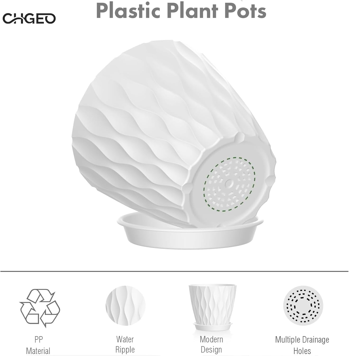 CHGEO Modern Wave Design Plant Pots - 5 Pack Self Watering Planters for Succulents & Herbs | Water Ripple Effect with Drainage Holes & Saucers, Indoor Flower Pots for African Violets, Spider Plants image number 2