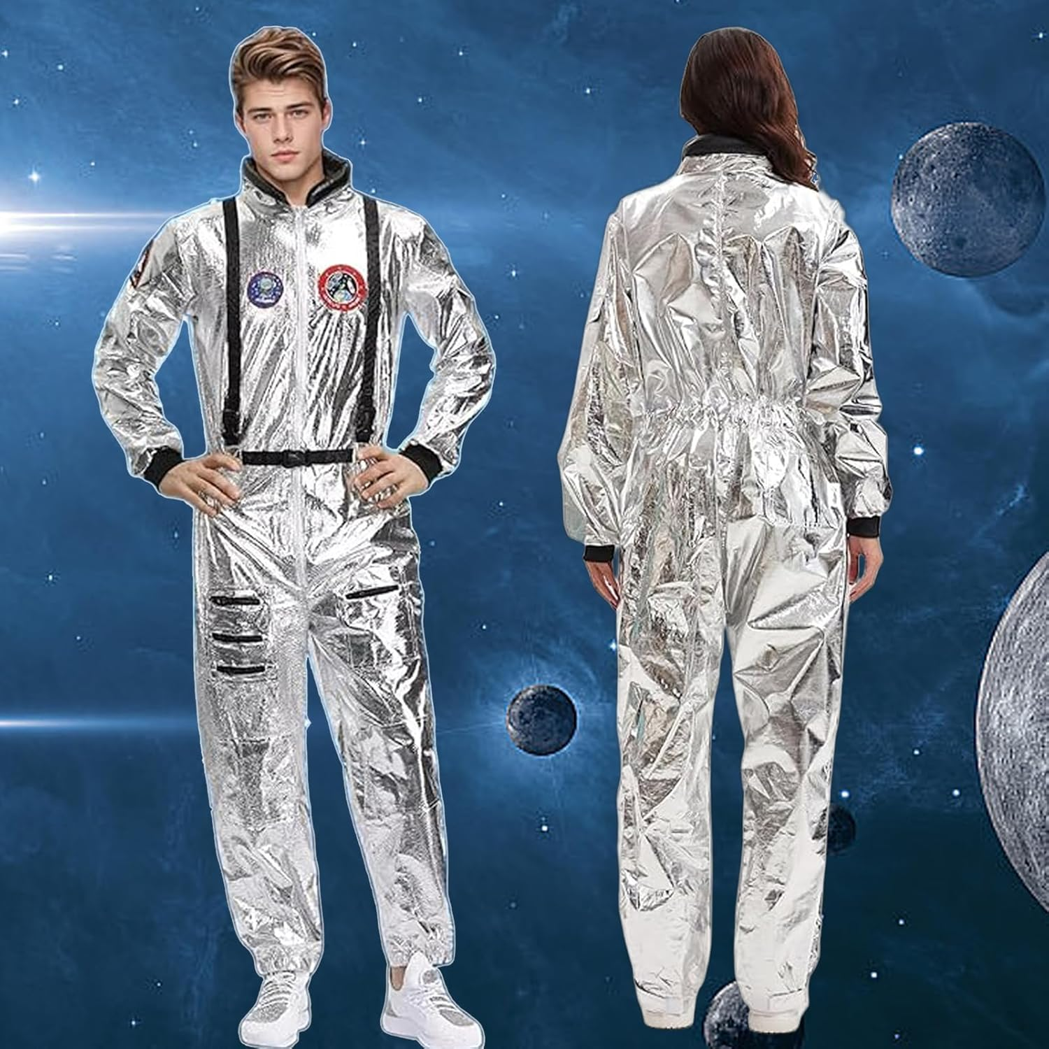 Men'S Astronaut Costume Jumpsuit Adult Shiny Silver Space Suit with Embroidered Patches and Pockets Halloween Spaceman Costume image number 4