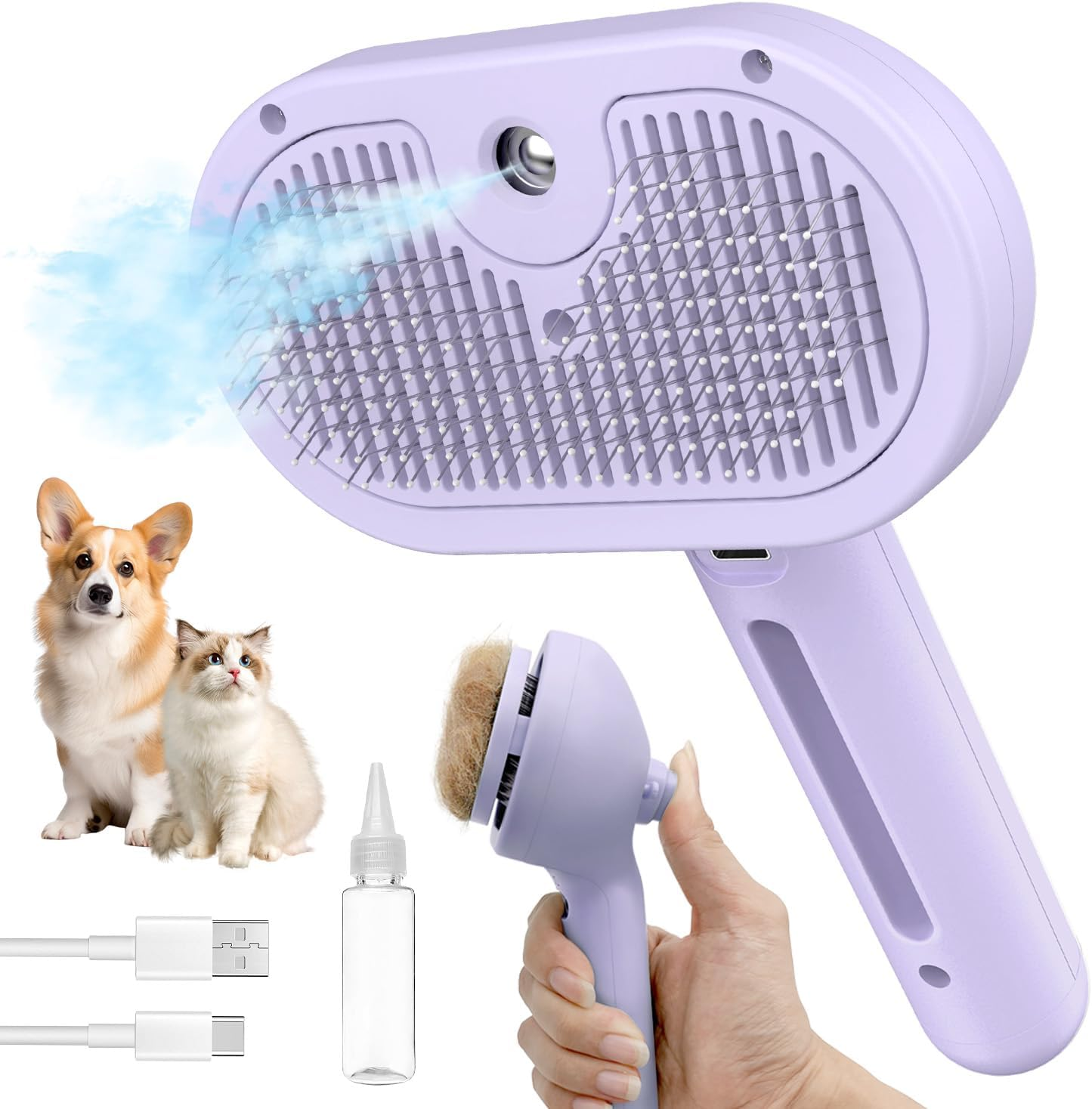 Herokitty Spray Cat Brush for Shedding, Steamy Cats Brush Remove Static Flying Hair Self Cleaning Dogs Brush for Long and Short Hair Pets Grooming Brush Remove Tangled and Loose Hair (Purple) image number 3