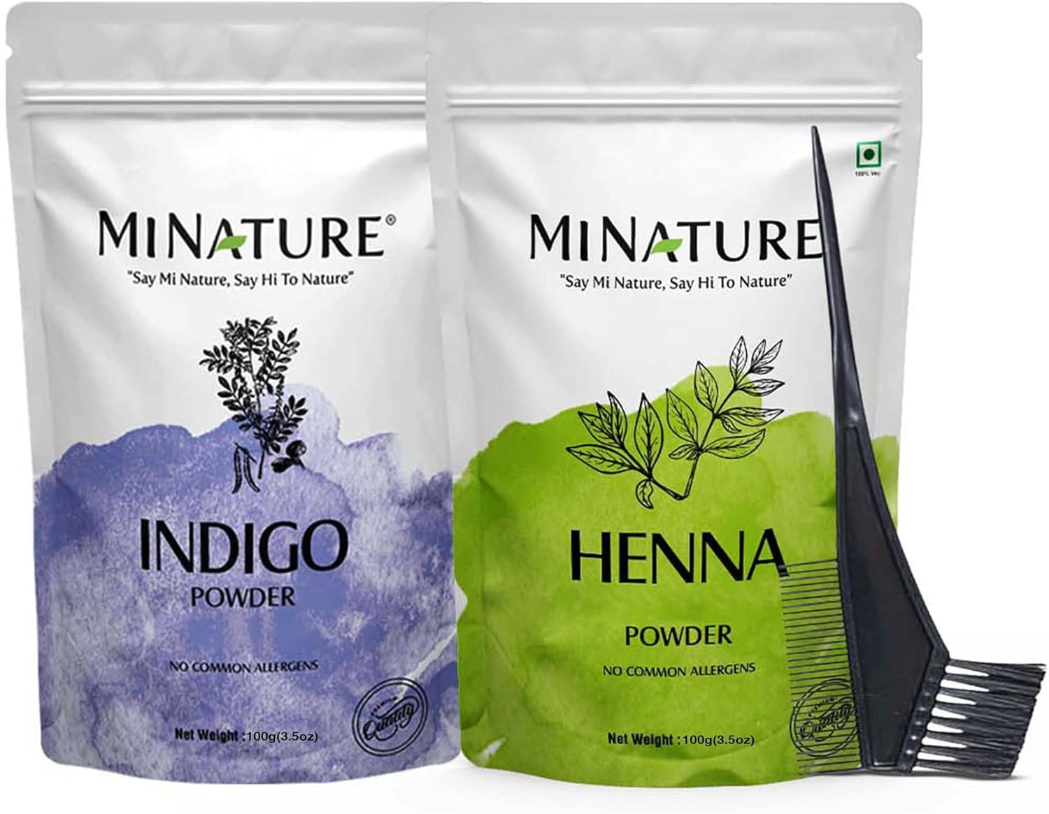Mi Nature Hair Dye DIY Combo | Henna & Indigo Powder with Applicator |From Pure Dried Leaves| Sourced from Rajasthan for Black or Brown Colour |100G (Each)(Pack of 2) image number 1