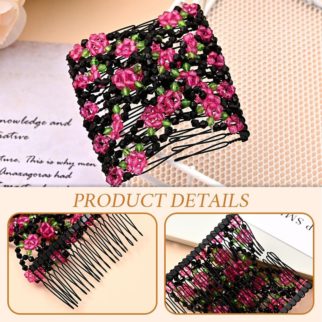 PNPGDYK Pack of 2 Flower Hair Combs for Pushing, Hair Pins, Hair Clips, Women, Durable Double Hair Comb, Beads for Women, Girls, Hair Accessories, DIY Hairstyle image number 4