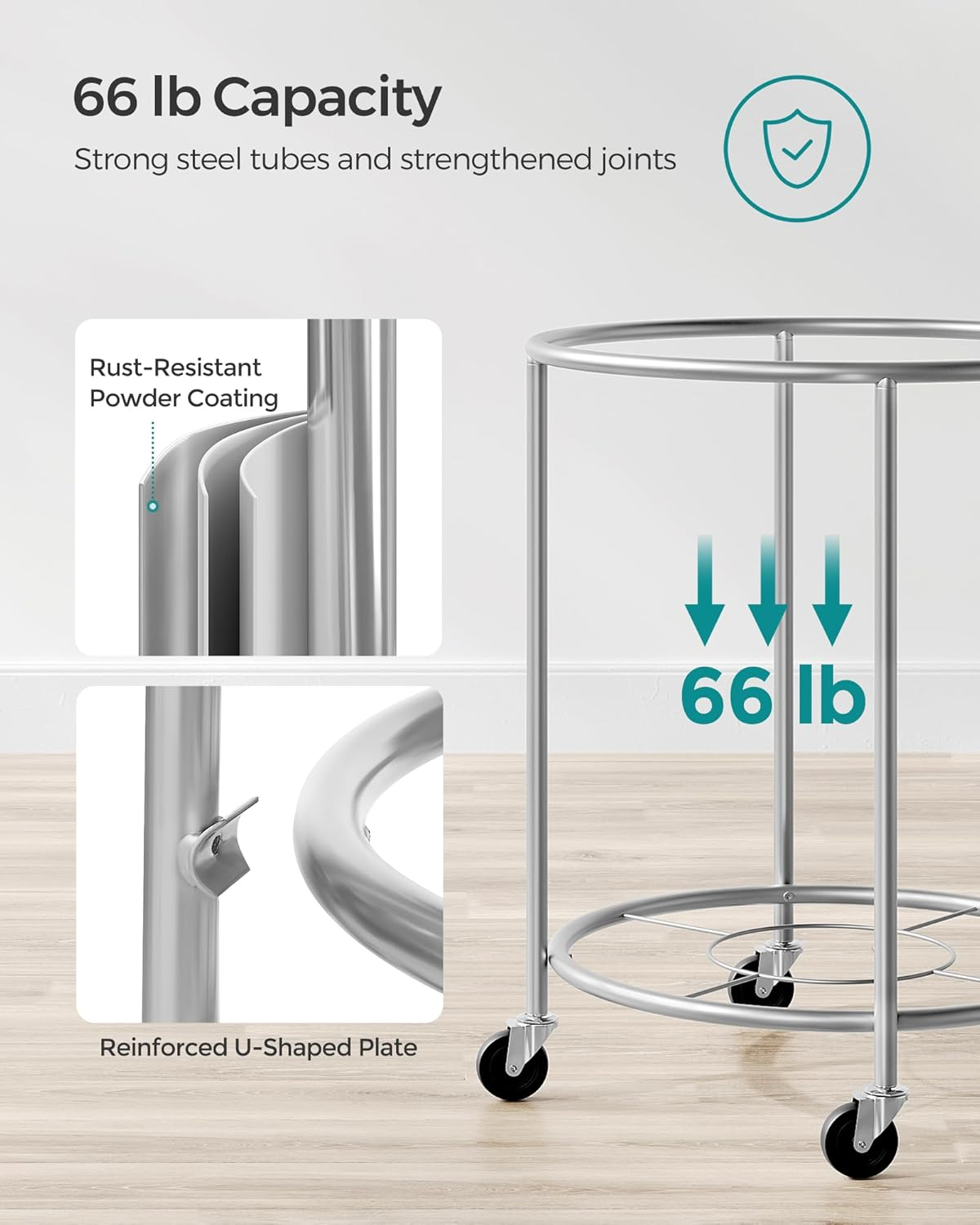 SONGMICS Laundry Basket with Wheels, Rolling Laundry Hamper, 45 Gal., round Laundry Cart with Steel Frame and Removable Bag, 4 Casters and 2 Brakes, Cream and Silver URLS01MZ - Cream image number 2