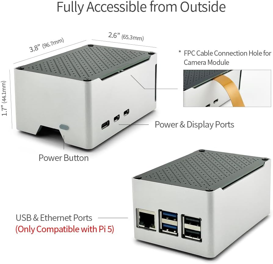Electrocookie Raspberry Pi 5 Case, Aluminum Compact Case with M.2 Nvme SSD Pcie HAT and Active RGB Lighting Cooler (Black Case + M.2 HAT[X1001]) image number 3