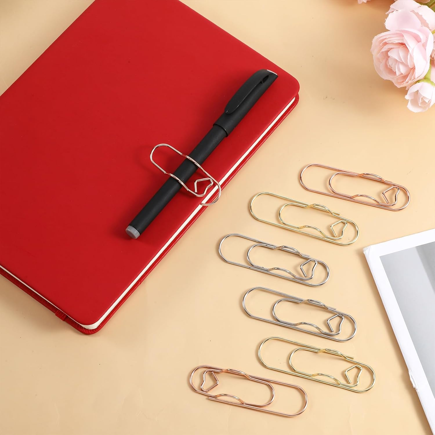 IANFAN 12 Pcs Metal Pen Clips for Notebook, 2.8 Inch Paper Clip Pen Holder for Notebooks Papers Planner Jumbo Office Supplies, Gold/Red/Silver Heart Shape image number 1