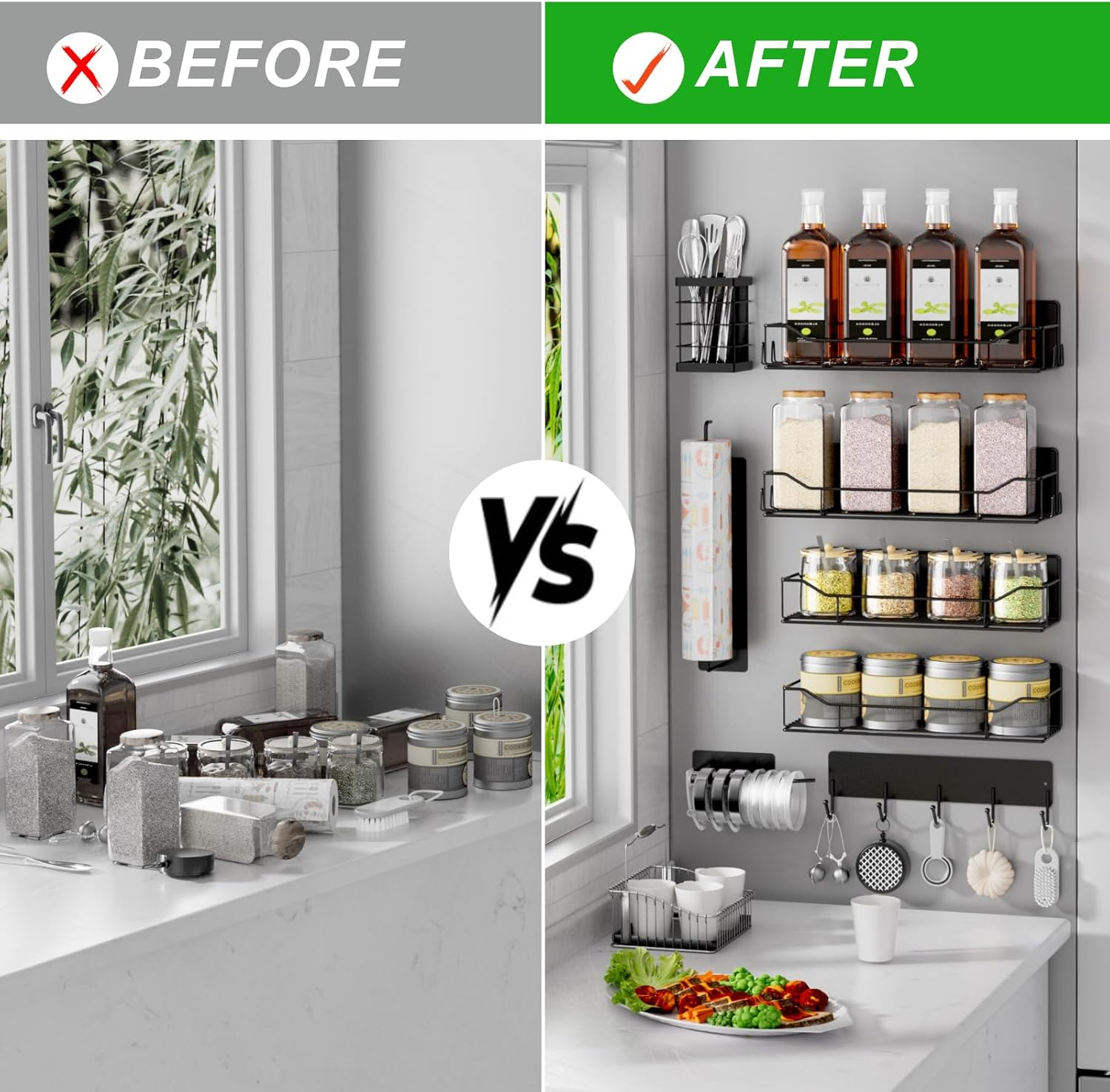 Magnetic Spice Rack, 100% Metal Strong Magnet Shelf for Refrigerator, Space Saving Spice Organizer, Home Kitchen Laundry Room Storage Organization W/Paper Towel Holder, Utensils Racks (8 Pack)