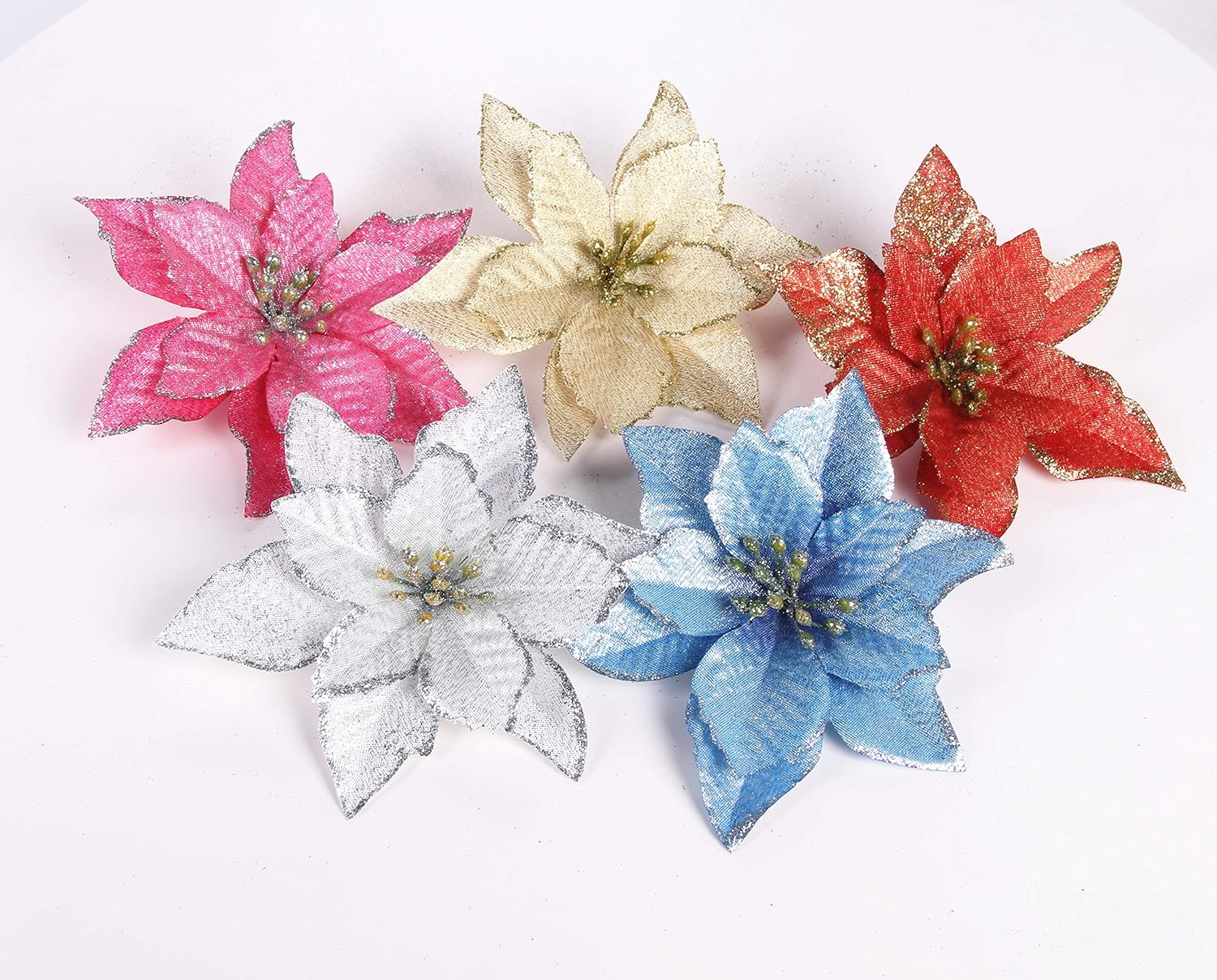 Poinsettia Christmas Decorations 13Pcs Poinsettia Christmas Tree Ornaments Glitter Artificial Poinsettia Flowers for Xmas Decorations (Silvery) image number 3