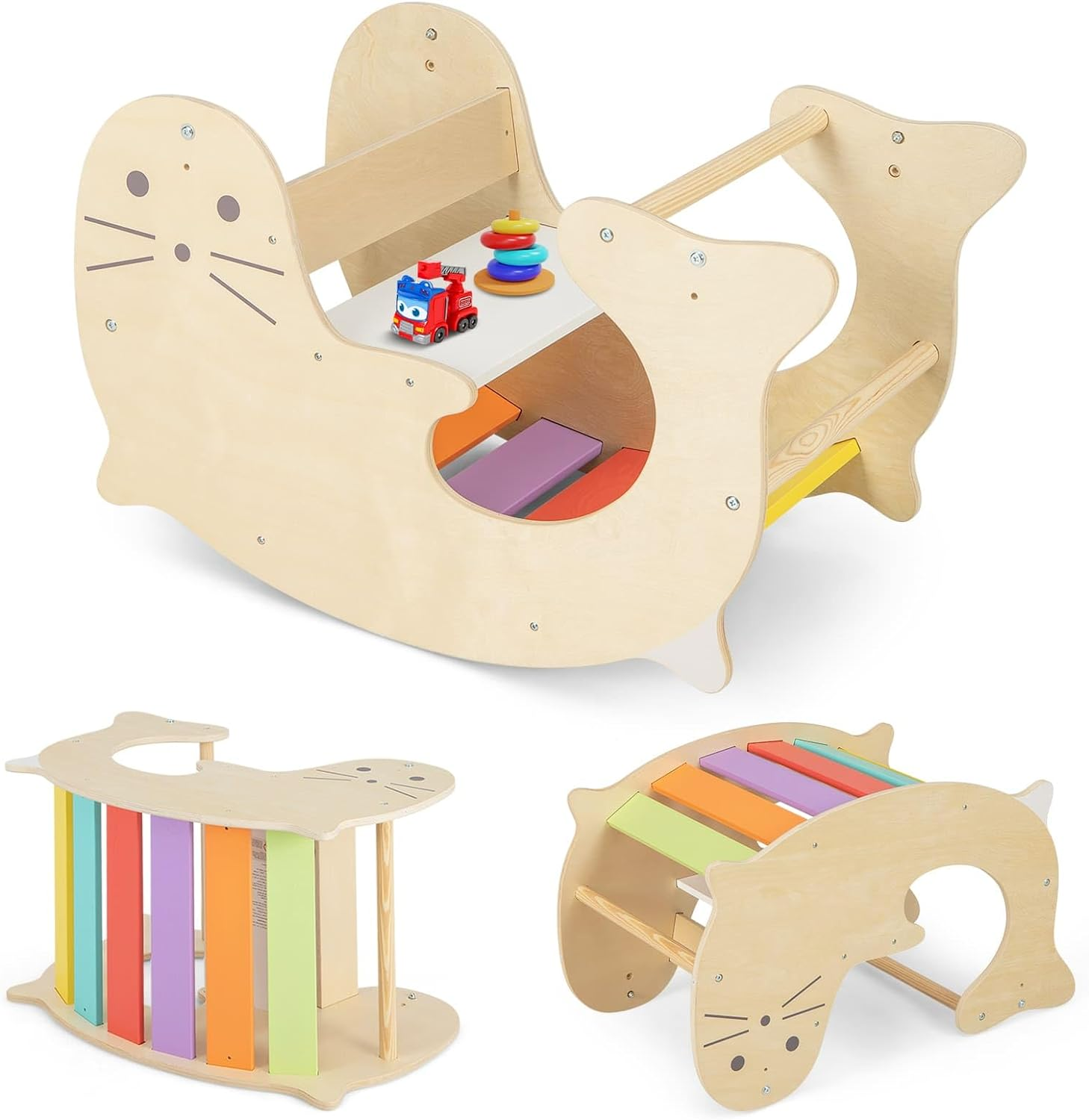 HONEY JOY 3-In-1 Climbing Toy Set for Kids, Indoor Arch Climber W/Cute Sea Lion Pattern & Rich Colors, Natural Solid Wood Bars, Smooth Seat & Back, Fun Play Table & Rocking Horse for 3-14 Years Old