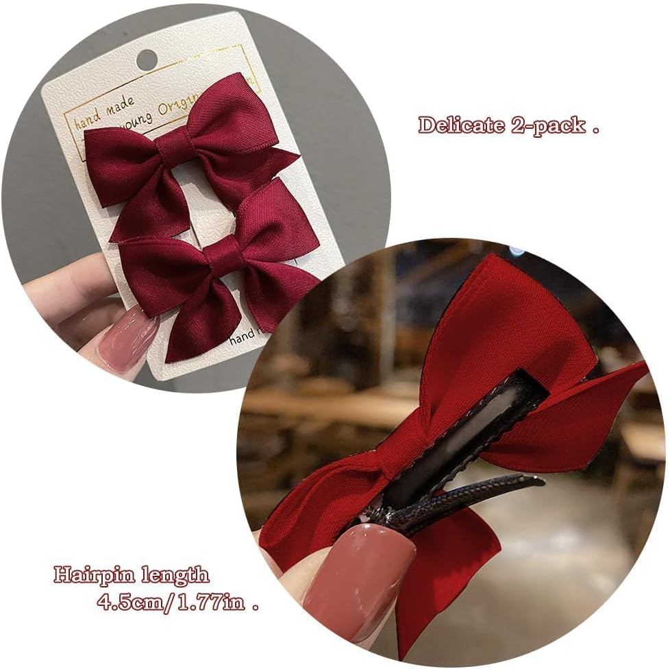 Heanvmyss 2 PCS Hair Bows for Women,Barrettes Solid Color,Soft Silky Hair Bows,Hair Styling Accessories for Women Girls(Red) image number 4