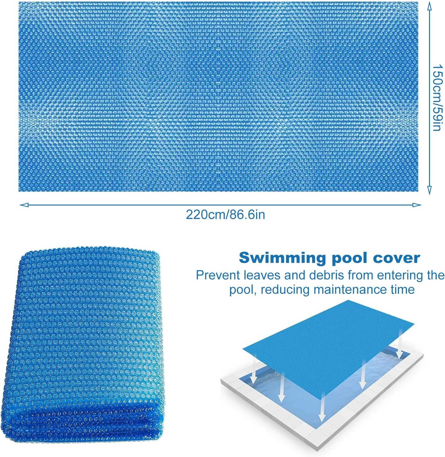 Pool Cover, 2.2 X 1.5/2.6 X 1.7/3 X 2M PE Micron Bubble Solar Isothermal Swimming Pool Cover, Cuttable Reduced Evaporation Protective Swimming Pool Blanket for Outdoor (220 X 150Cm)