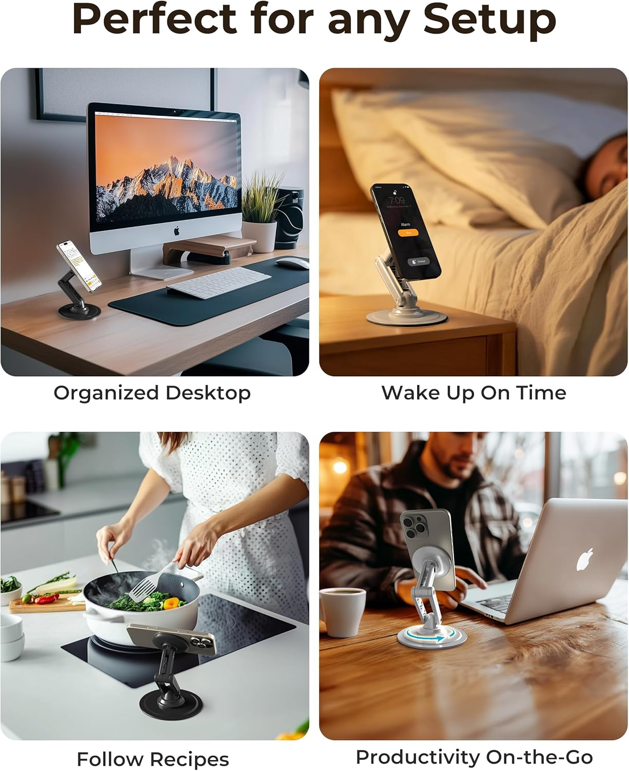 COOPER Mag360, Magnetic Phone Stand for Desk Compatible with Magsafe Phone Holder, 360&deg; Adjustable, Iphone Desk Stand for Iphone 17 Pro Max/16/15/14/13/12, Incl 1 Metal Ring for Other Phones - Black image number 4