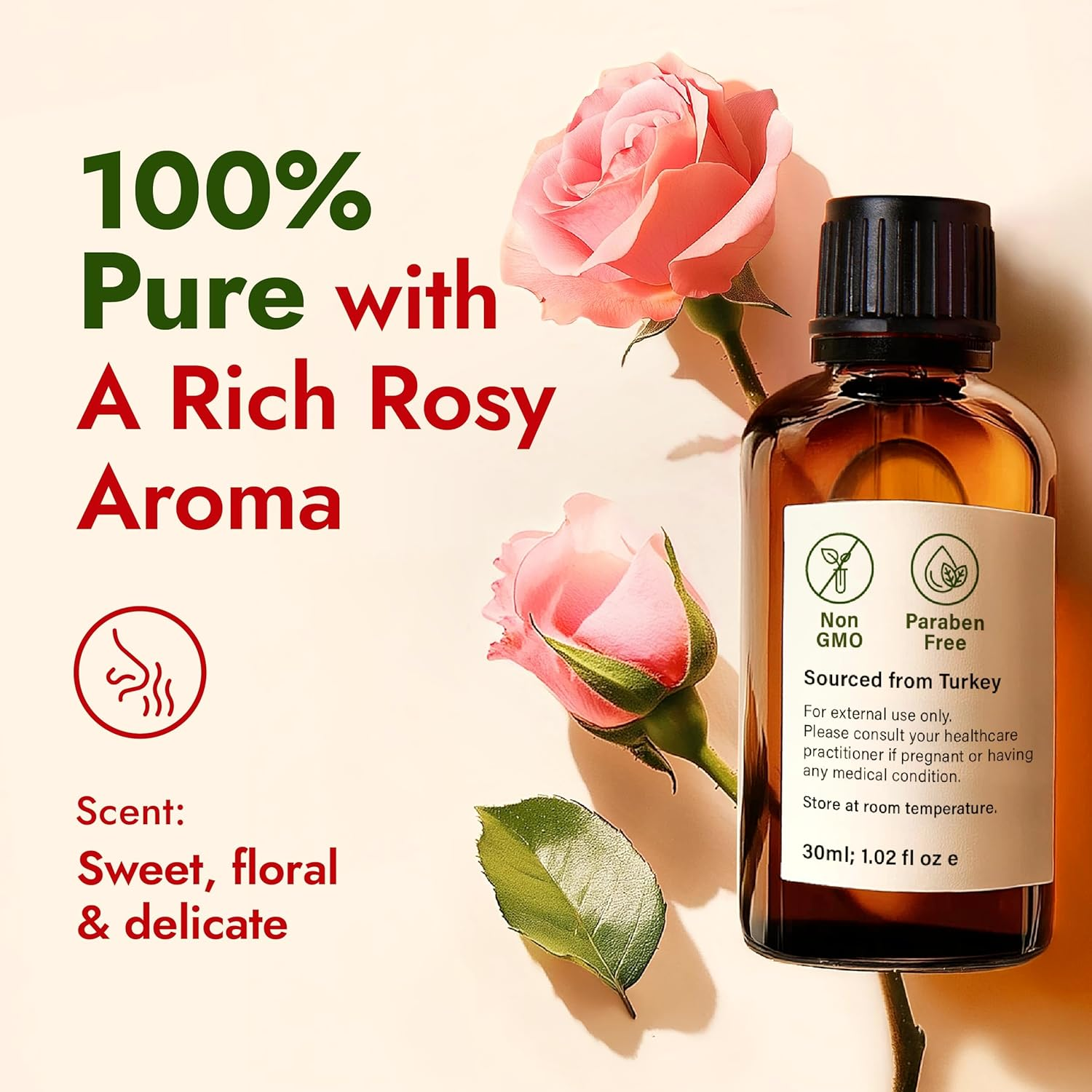 H'Ana Rose Essential Oil - 100% Pure and Natural Rose Oil for Face, Skin and Diffuser - with a Sweet, Fresh Scent, Smells like Fresh Roses - Symbolises Love and Beauty (30Ml) image number 3