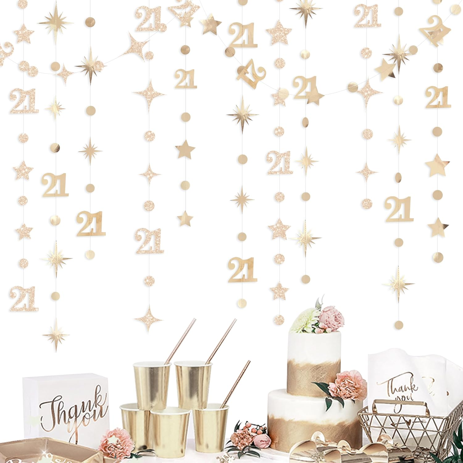 Champagne Gold 21St Circle Dot Star Streamer Garland Metallic Glitter Paper Number 21 Hanging Banner for Boys Girls Happy 21 Years Old Finally Legal Twenty One Birthday Anniversary Party Decorations image number 1
