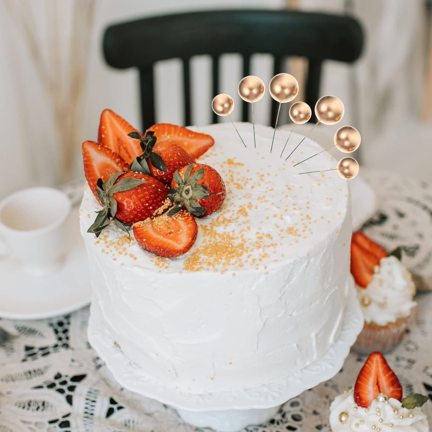 Alipis 12Pcs Creative round Ball Cake Toppers Simple Unique Ball Shaped Cupcake Ornament Baking Gold Decor Cake Picks Decoration for Baking Cup Occasions image number 4