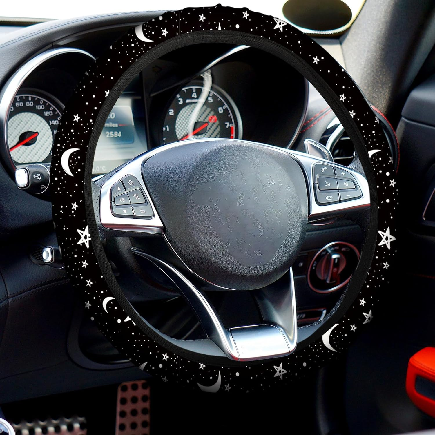 Yexiya 15 Pcs Moon and Star Car Seat Covers Print Car Accessories Full Set for Women Men Set Steering Wheel Cover Armrest Pad Seat Belt Pads Wrist Keychain Auto Interior Decor(Moon, Star) image number 5