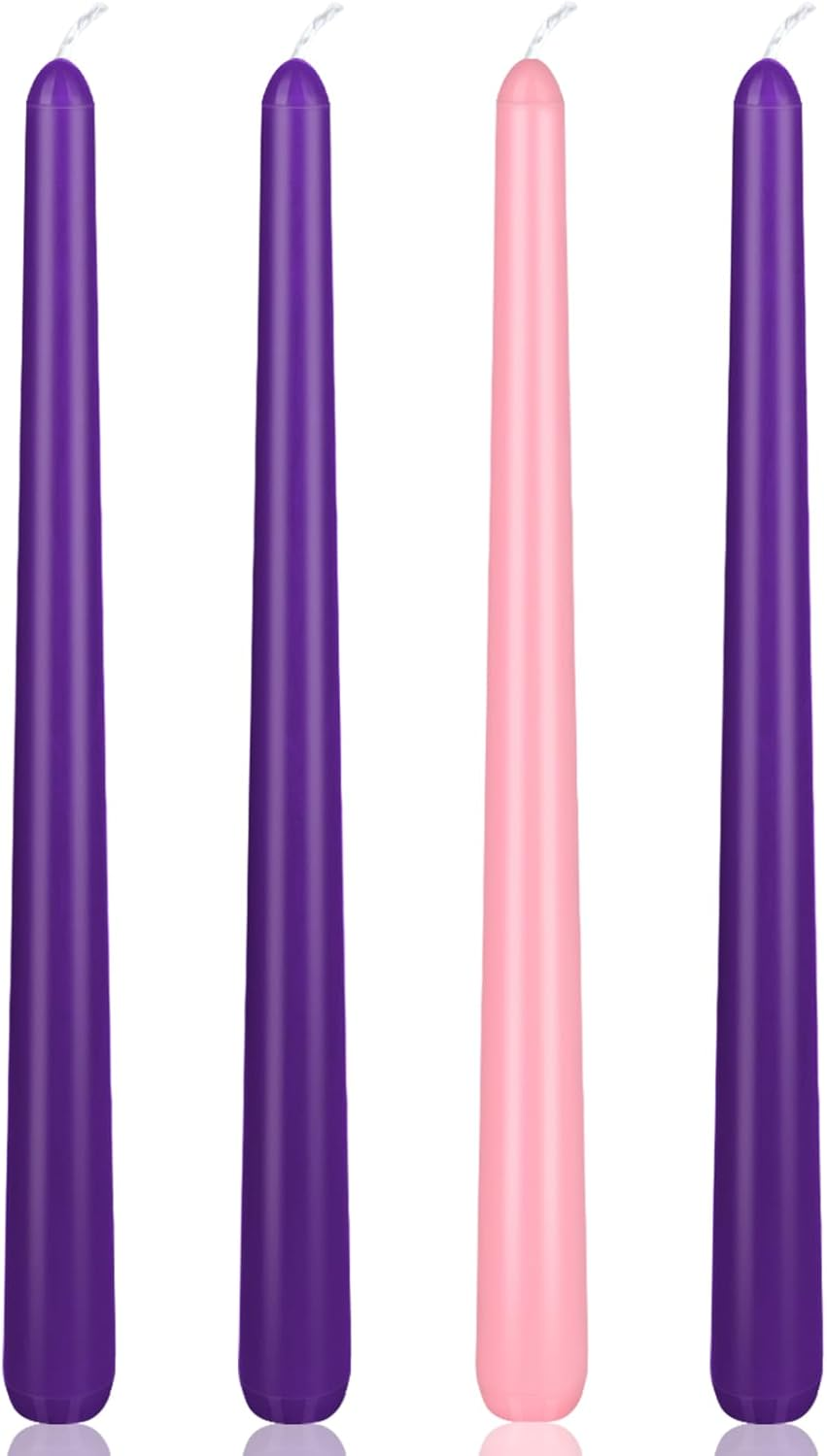 Christmas Product | 4 Pack Advent Candle Set, 3 Purple and 1 Pink Taper Candles, 10 Inch Smokless and Dripless Candlesticks Bulk for Advent Christmas Seasonal Celebration