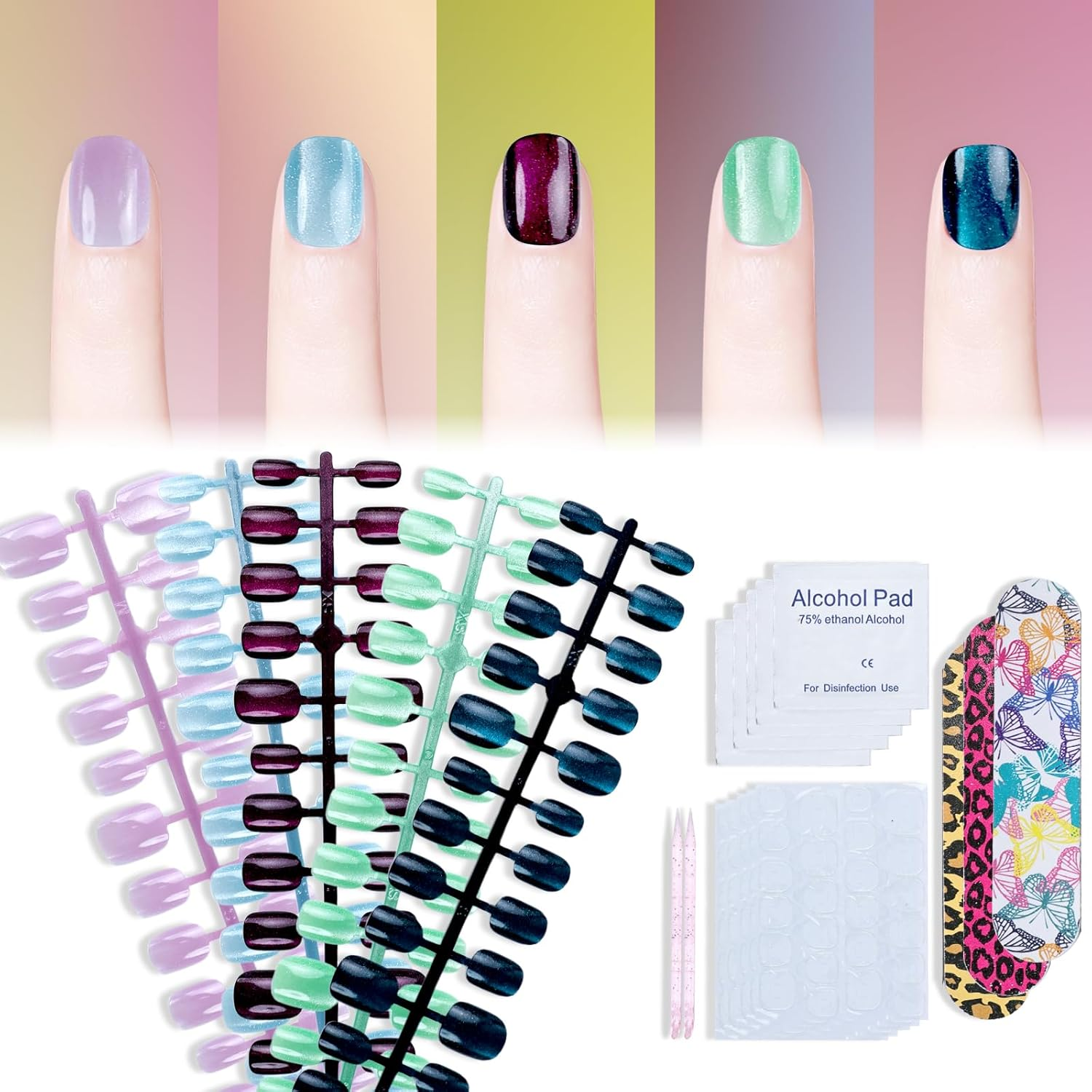 150 Pcs Cat Eye Press on Nails Short 5 Styles round Square Fake Nail Tip Kit Glitter Acrylic Gel False Stick on Manicure DIY Natural for Women Girl