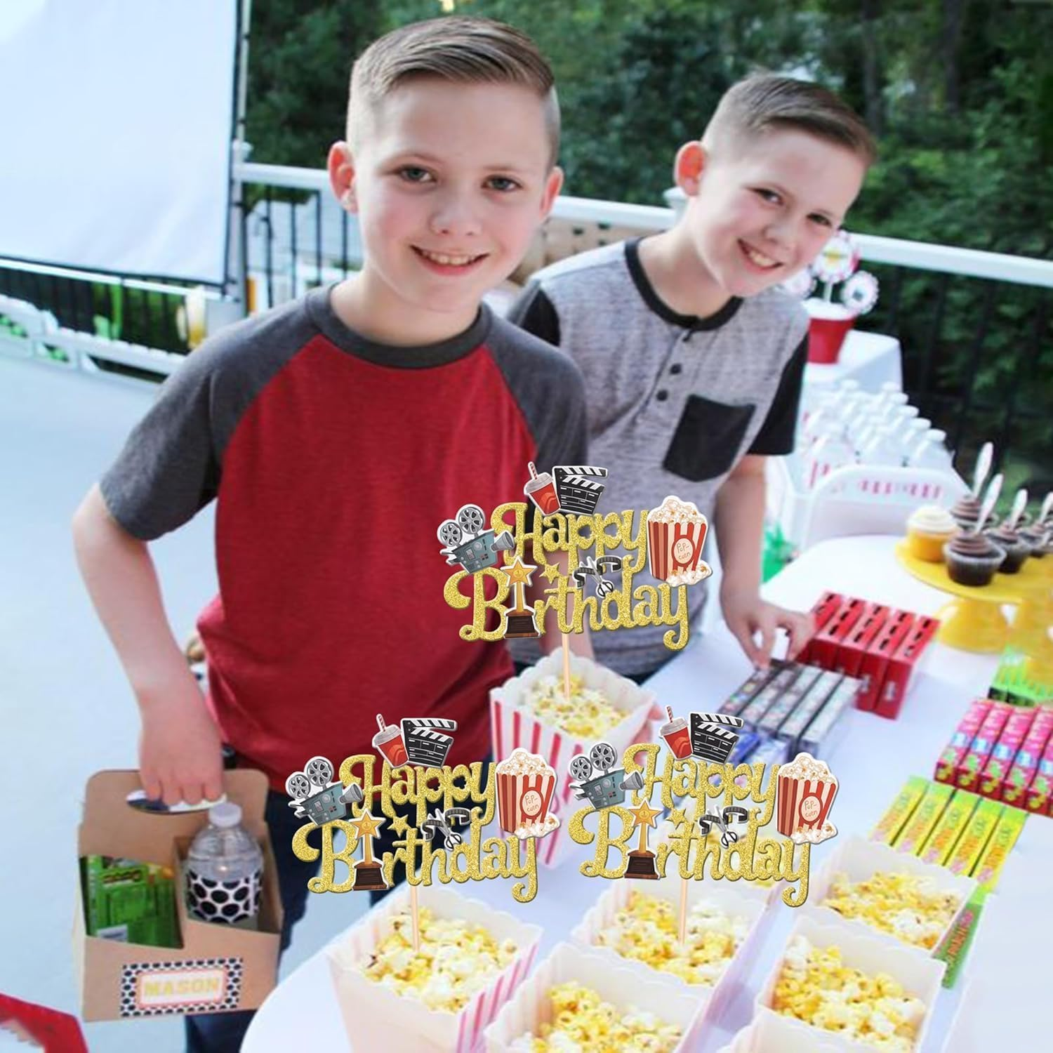 SYKYCTCY 1 Pack Movie Night Cake Topper Happy Birthday Sign Cake Pick Decorations for Theater Video Recorder Roll Camera Popcorn Hollywood Theme Family Film Baby Shower Birthday Party Supplies (Gold)