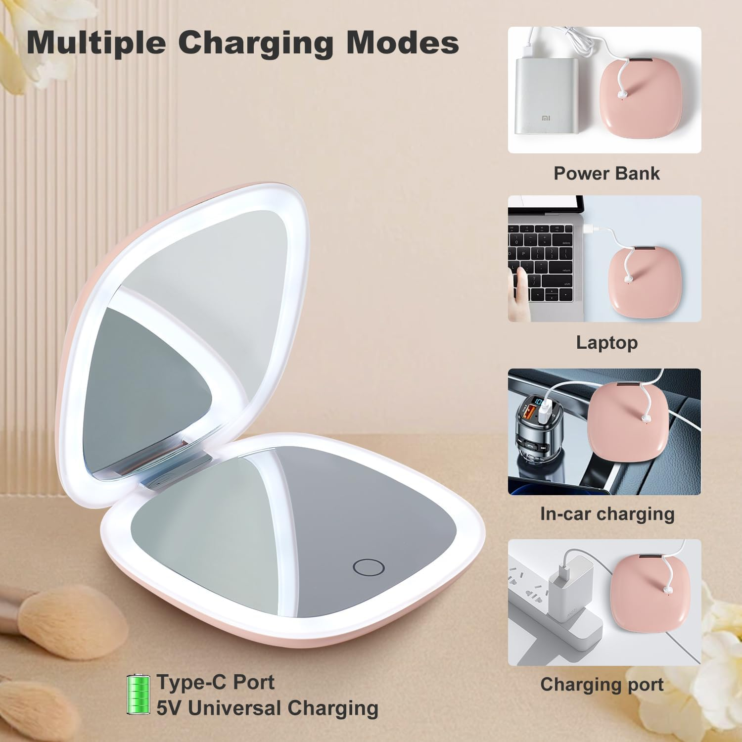 Mocado Compact LED Travel Makeup Mirror - 4 Inches 1X/10X Magnification Travel Mirror with Light Dimmable Double Sides Lighted USB Rechargeable Compact Mirror for Purse,Pocket,Travel(Pink) - Black image number 2