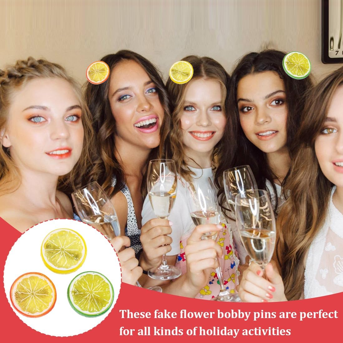 HQRKOTM 3 Pieces Hair Clips + 3 Discs Elastic Hair Scrunchie Girls Women Cute Fruit Hair Accessories for Party, Banana Clip, Hawaiian Decoration (Yellow + Orange + Green) image number 3