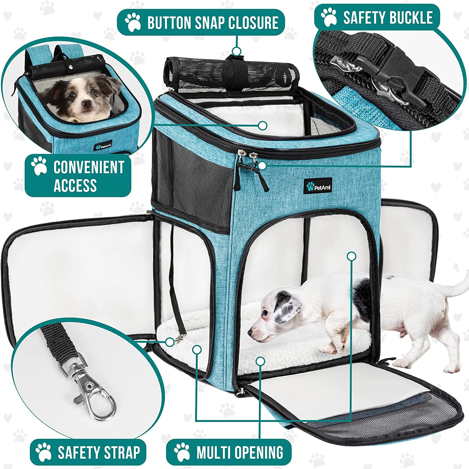 Petami Pet Carrier Backpack for Small Cats, Dogs, Puppies | Ventilated Structured Frame, 4 Way Entry, Safety and Soft Cushion Back Support | Collapsible for Travel, Hiking, Outdoor (Turquoise) image number 2