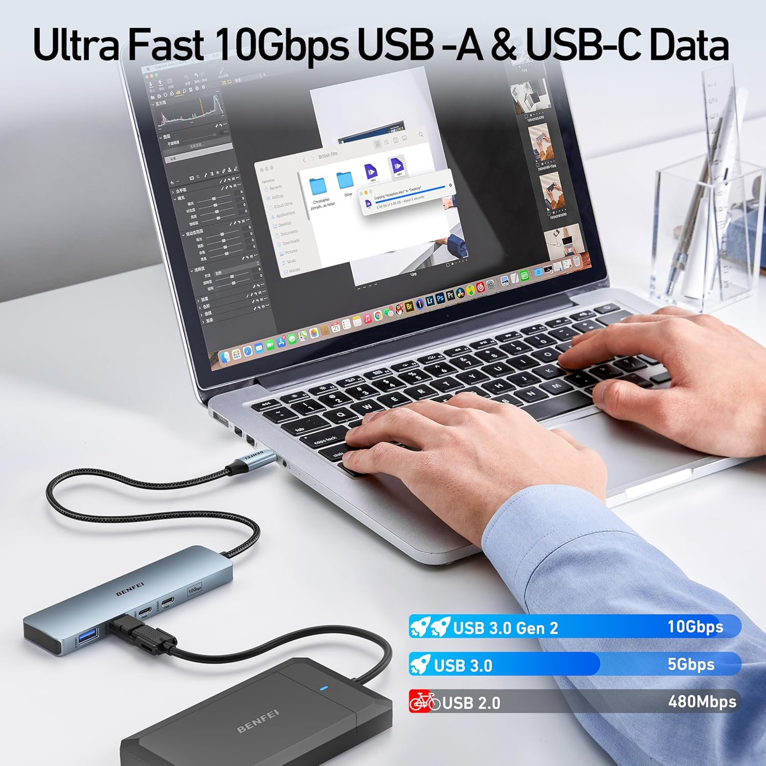 BENFEI USB C HUB 6-In-1 with Hdmi(4K@60Hz), 100W Power Delivery, 10Gbps 2*USB-A and 2*USB-C, Silicone Cable, Aluminum Case Compatible with Iphone 15 Pro/Max, Macbook, Ipad Pro, Imac, S23, XPS17 image number 4
