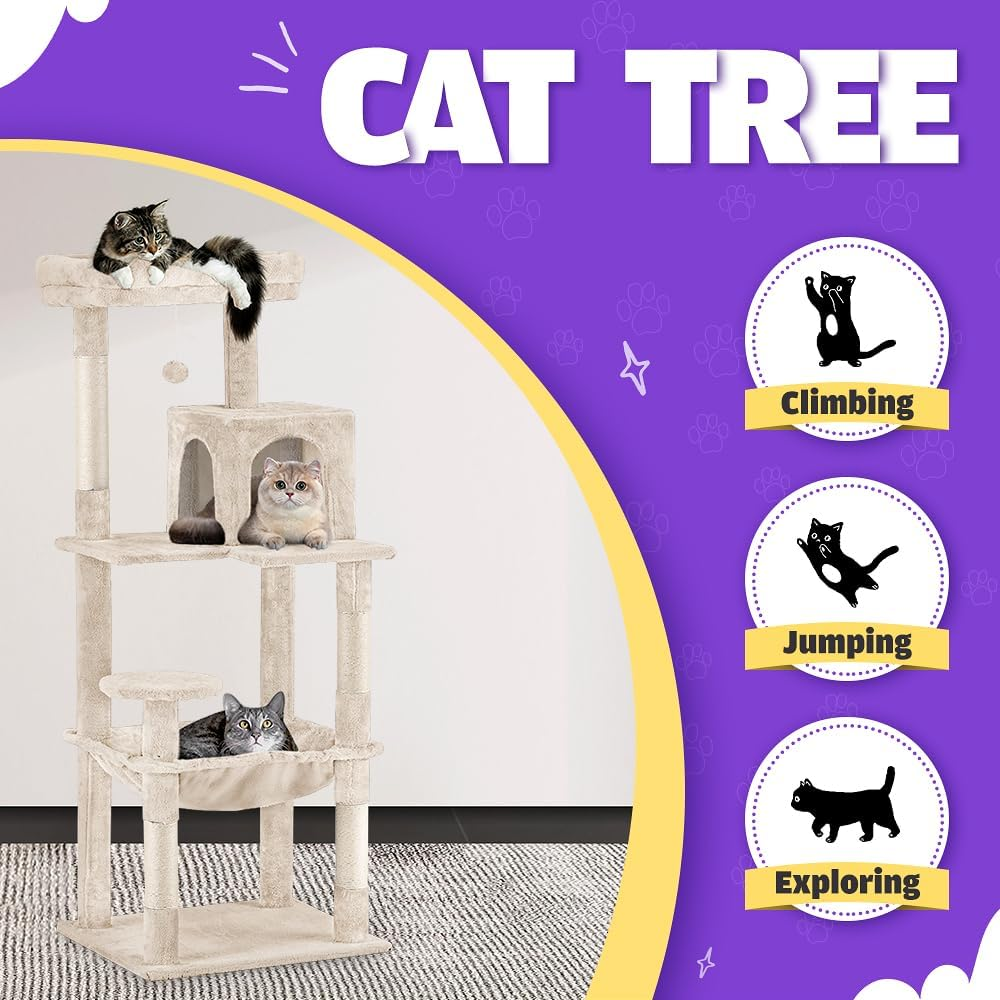 Cat Tree Tower, 142CM Multi-Level Cat Tower for Large Cats, Kitten Furniture Activity Center with Cozy Hammock, Condo, and 4 Sisal Scratching Posts, Beige image number 1