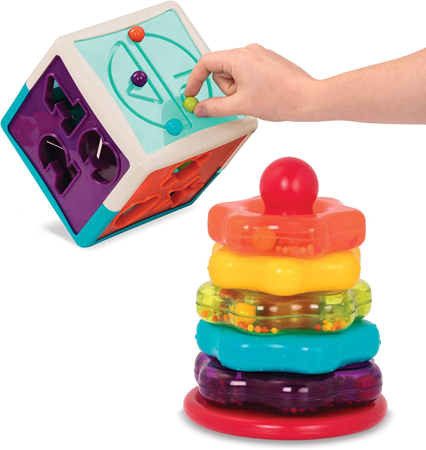 Battat &ndash; Sort & Stack Combo &ndash; 17 Pieces Sensory Sorting Set &ndash; Activity Cube with Bead Maze &ndash; Educational & Dexterity Toys &ndash; 2+ Years &ndash; Shape Sorter Cube + Stacking Rings image number 3