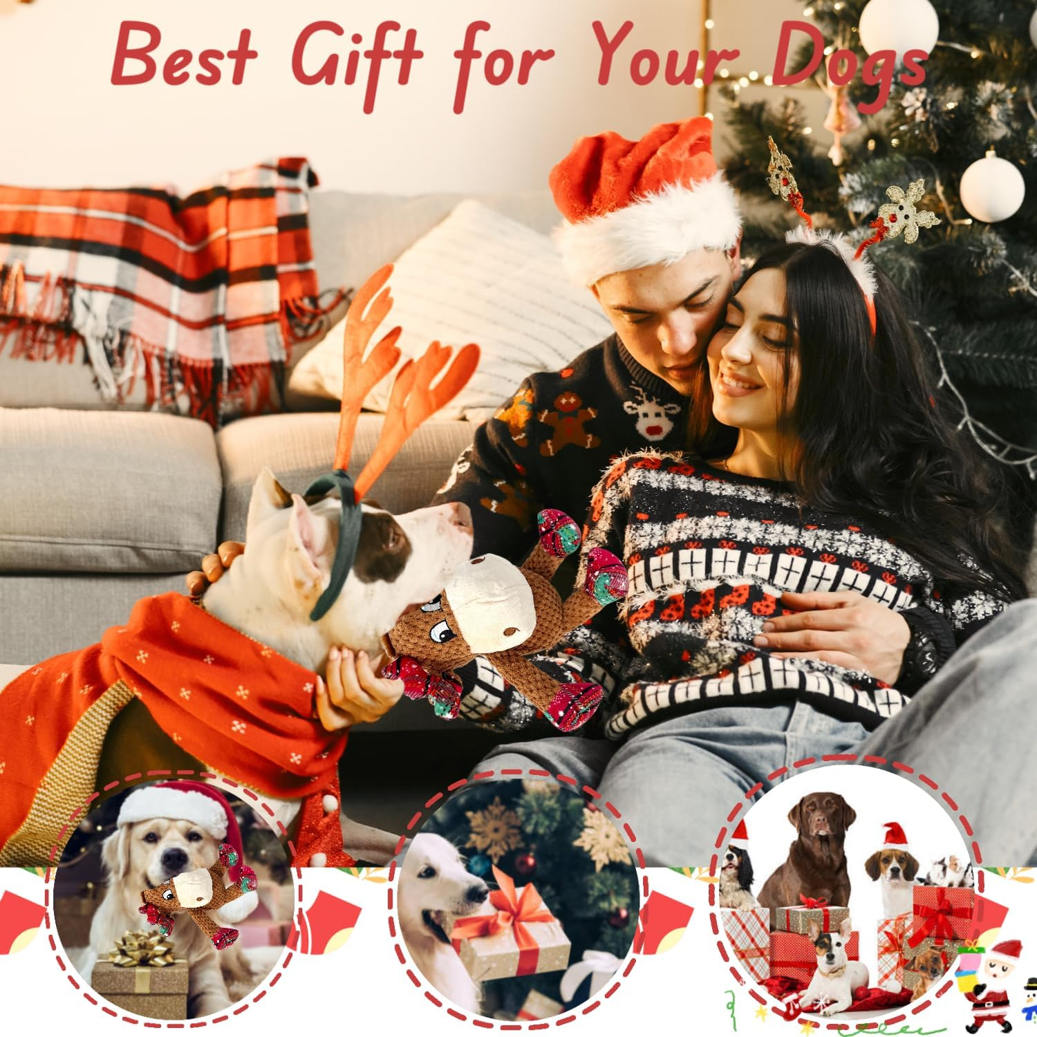 Christmas Dog Squeaky Toys with Crinkle, Xmas Interactive Plush Dog Toys, Dog Enrichment Chew Toys to Keep Them Busy, Dog Toys for Small Medium Large Dogs, Puppy Toys - Deer image number 6