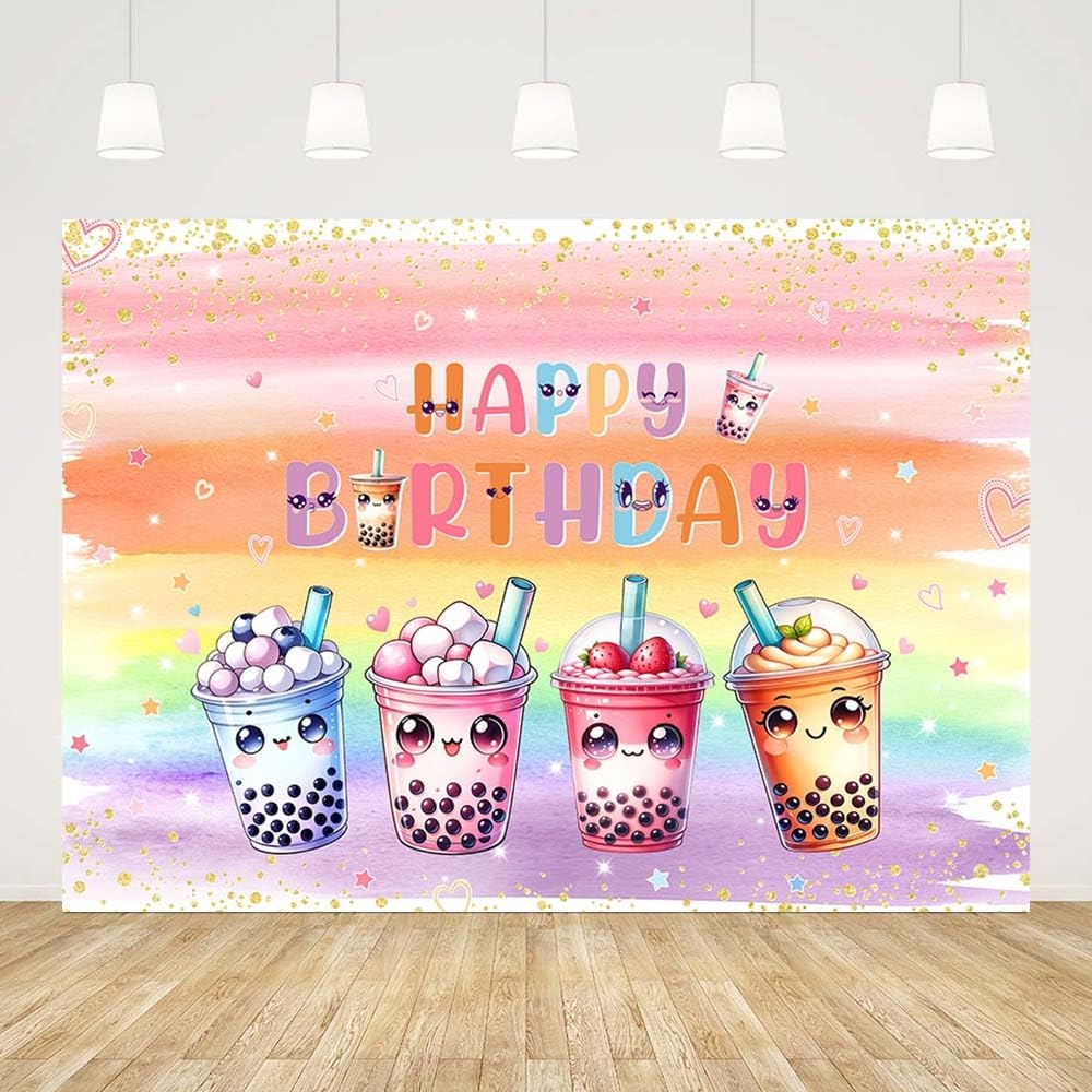 AIBIIN 7X5Ft Millk Tea Birthday Backdrop Kawaii Bubble Par-Tea Party Photography Background Colorful Rainbow Pearl Milk Tea for Boys Girls Birthday Party Decor Banner Photo Props image number 5