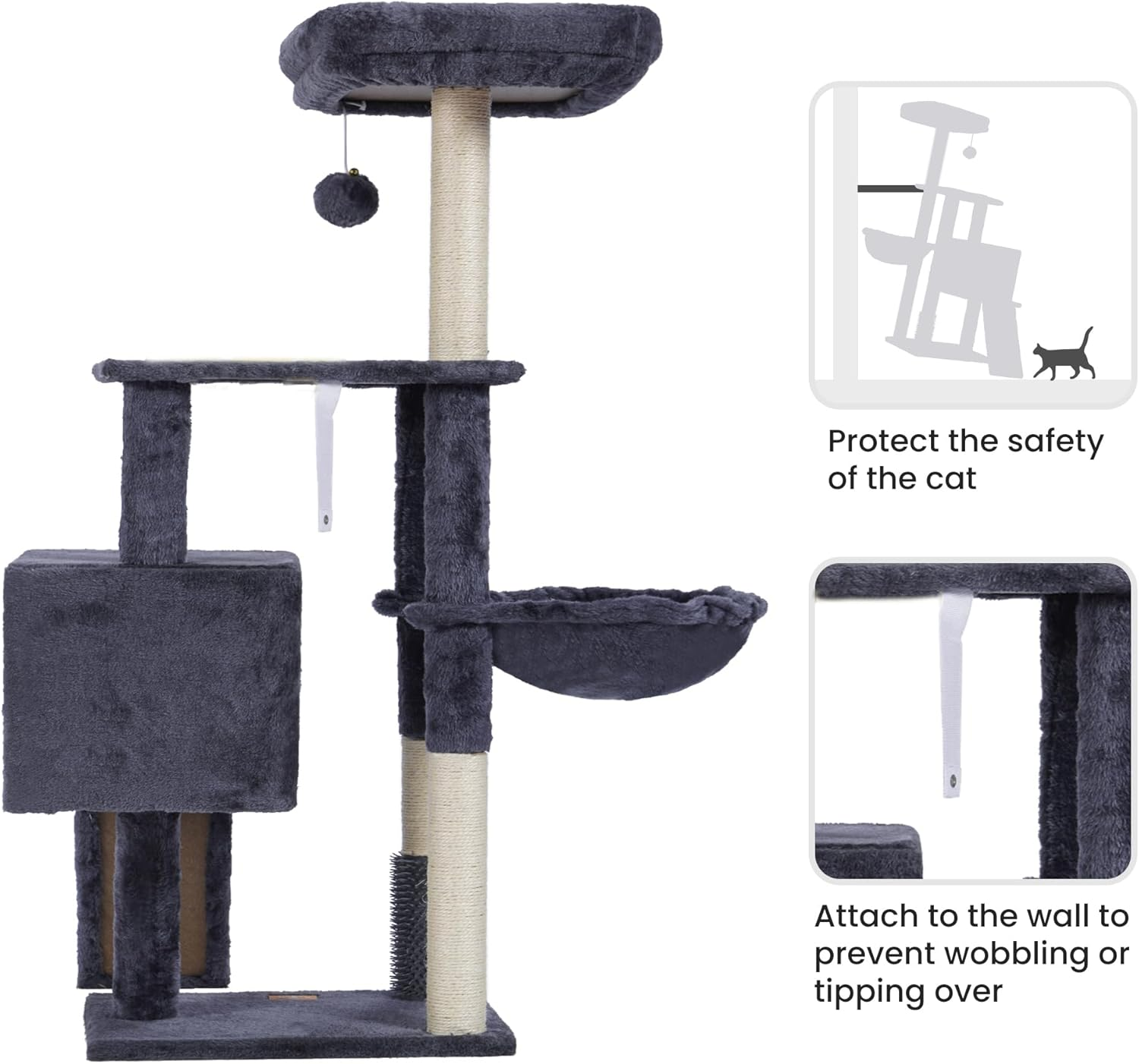 Heybly Cat Tree with Cat Self Groomer Brush, Cat Tower Condo for Indoor Cats with Padded Plush Perch,Cat House with Basket Scratching Board Post, Smoky Gray HCT005SG - Light Gray image number 3
