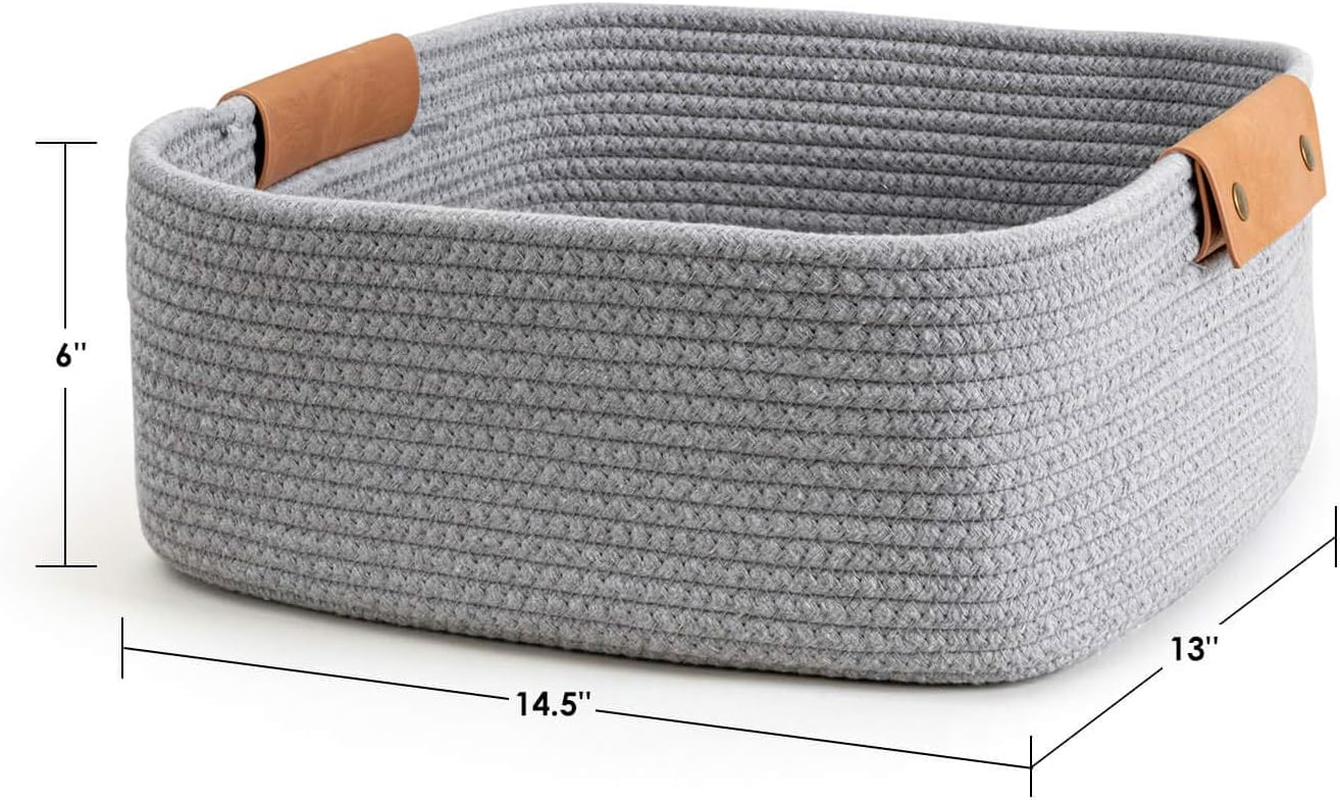 CHICVITA Rectangle Cotton Rope Woven Basket with Handles for Books, Magazines, Toys - Decorative Rectangle Basket for Baby Nursery, Living Room, Bathroom, Grey image number 6