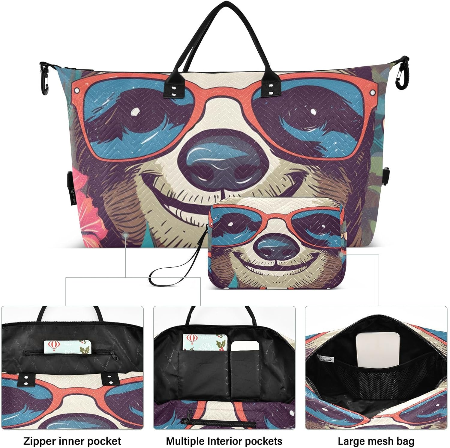 XYMZR Large Travel Duffel Bag, Happy Sloth Glasses Sports Tote Gym Bag, Shoulder Weekender Overnight Bag for Women Men, Carry on Luggage with Toiletry Bags, Multi-Colored, Multi-Colored image number 1
