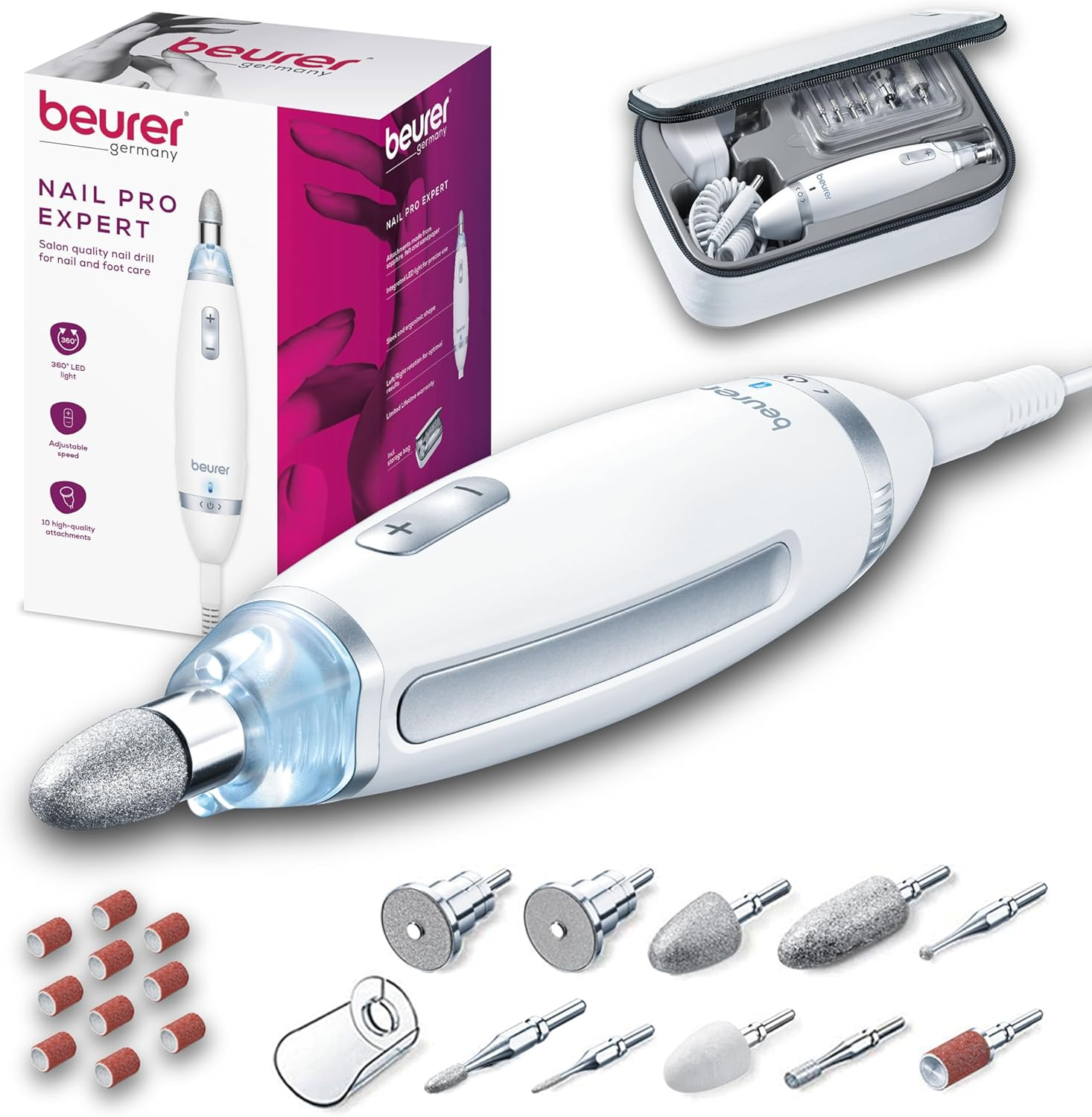 Beurer MP62 Professional Nail Drill Kit, Portable Electric File Machine with 10 Attachments & 10 Sanding Bands, Efile Dremel for Acrylic Gel Manicure and Pedicure, LED Light, with Storage Case, MP62 image number 4