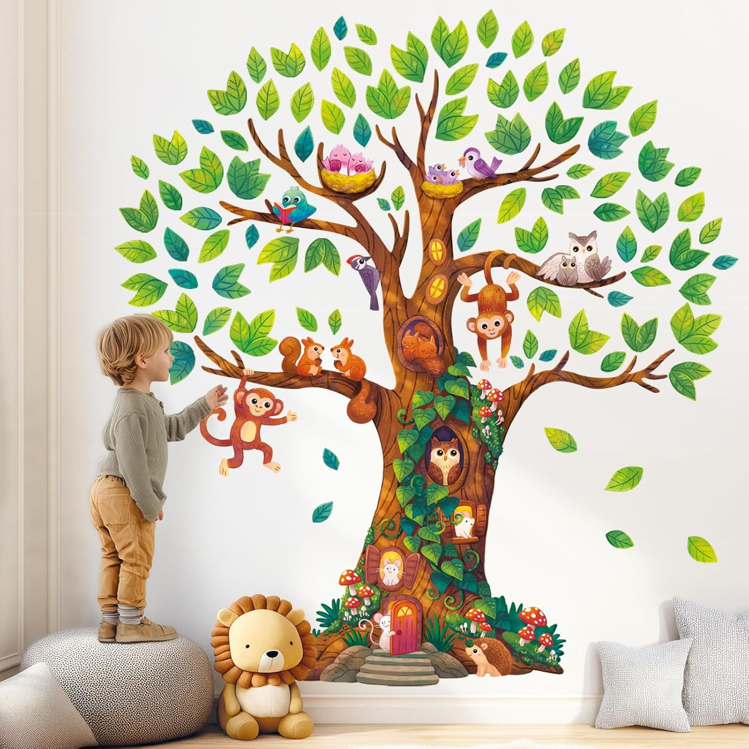 DECOWALL Treehouse Animal Wall Stickers &ndash; Monkeys, Owls, Birds & Squirrels Tree Decals for Kids Bedroom, Nursery or Playroom Decor (DL4-2303) image number 3