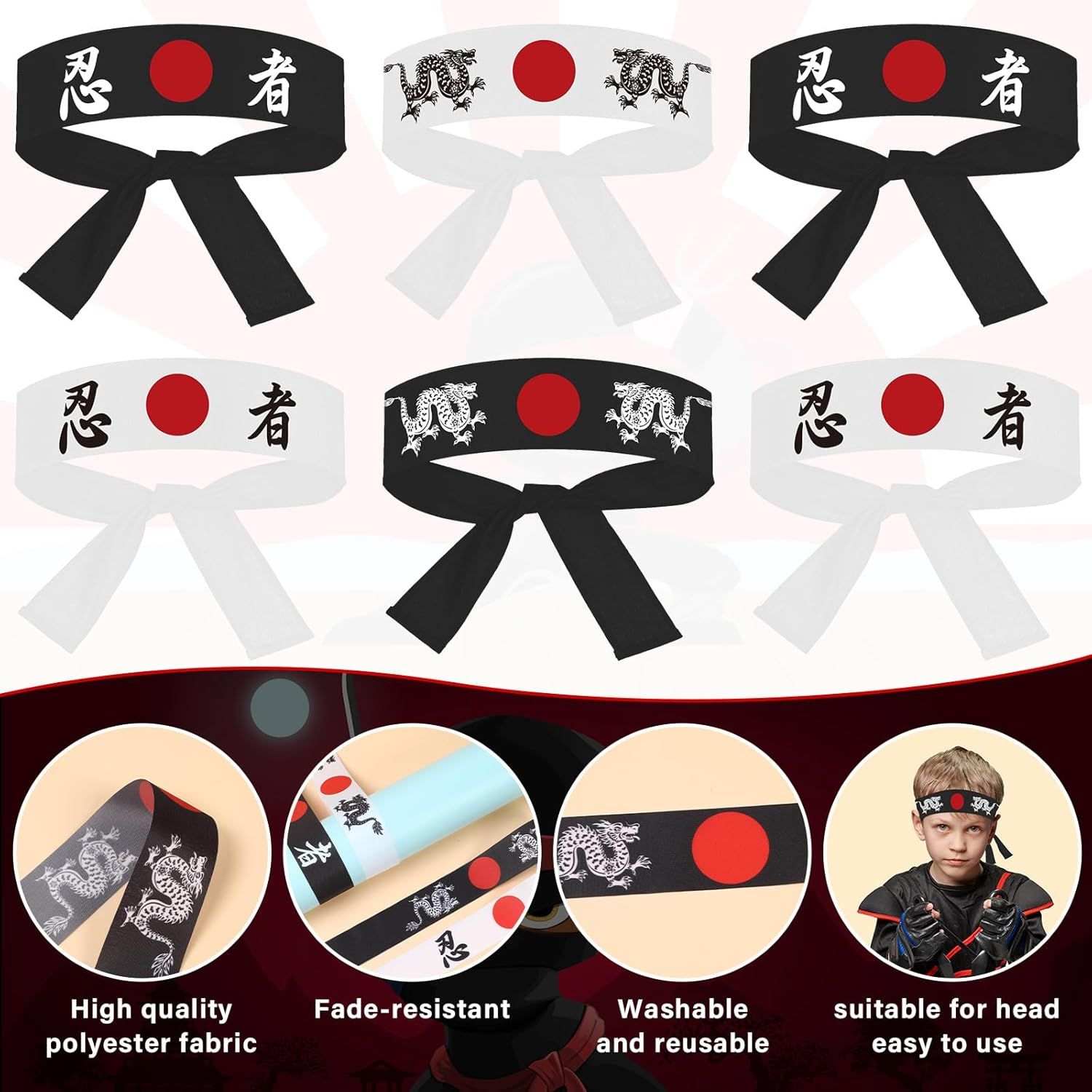 24Pcs Headbands: Japanese Sushi Chef Bandana Headwear for Karate Sports, Kitchen Cooking, Costume Party Favors for Kids, Boys, Girls, Adults image number 1