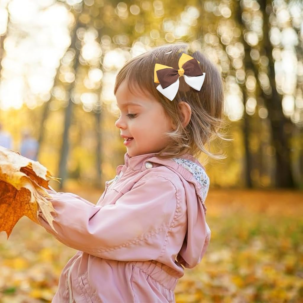 Happy Fall Ribbon Hair Bow Clips 3.5" for Girls, Cute Handmade Alligator Barrettes Hairpins Kids Thanksgiving Day Party Dress Outfit Decoration Accessories Gift（White，Yellow，Brown)