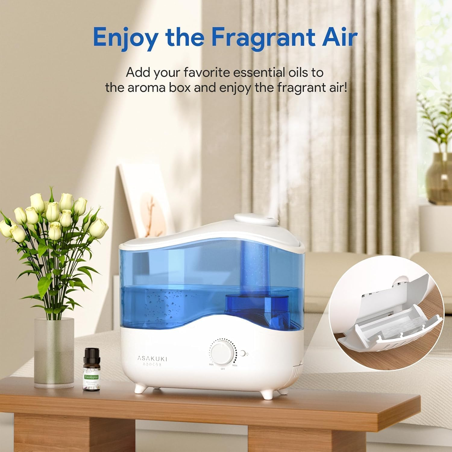 ASAKUKI Air Humidifier for Bedroom, 4L Top Fill Cool Mist Humidifiers for Baby, Plant, Quiet Ultrasonic Oil Diffuser for Large Room, 360&deg;Nozzle, Auto-Shut Off, Night Light, BPA Free image number 3