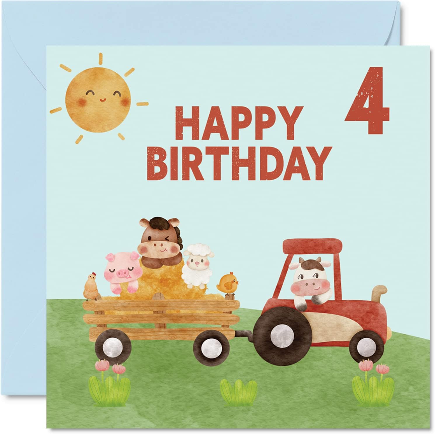 4Th Birthday Card Boy - Farmyard Farm Animals - Happy Birthday Card 4 Year Old Boy Girl, Girls Boys Birthday Cards for Him Her, 145Mm X 145Mm Greeting Card for Son Nephew Grandson Kid Children - 5 image number 3
