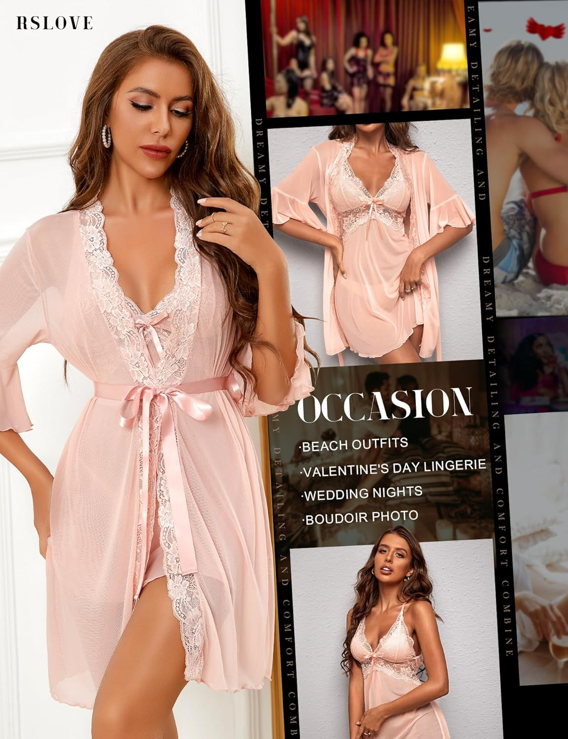 RSLOVE Sexy Lingerie Set for Women Lace Robe and Babydoll 3Pcs Strappy Chemise Mesh Nightgown image number 4
