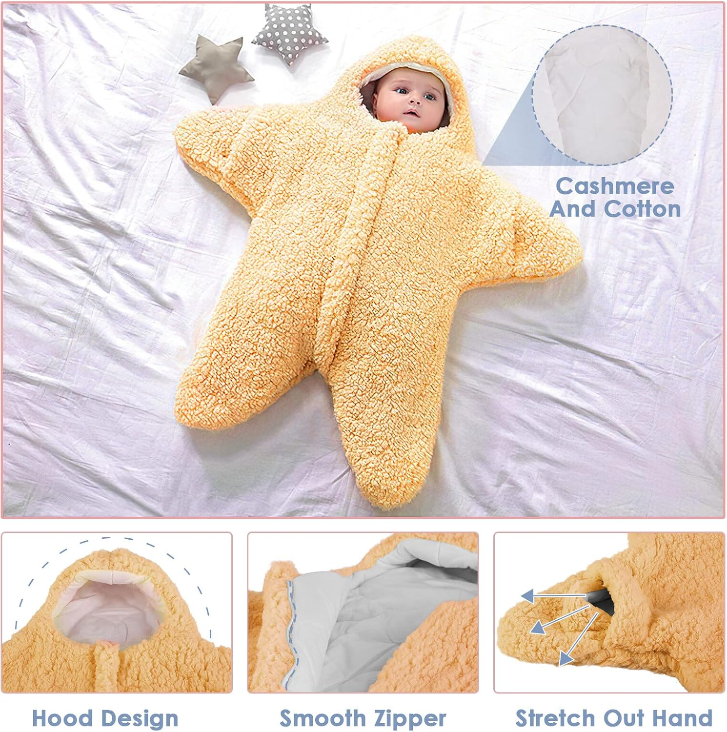 Owlike Baby Wearable Sleeping Stroller Blanket Infant Windproof Starfish Fleece Warm Snowsuit for Newborn Babies, Khaki, 2157594/120981AM09US, 76X78X39 Cm - Khaki image number 5
