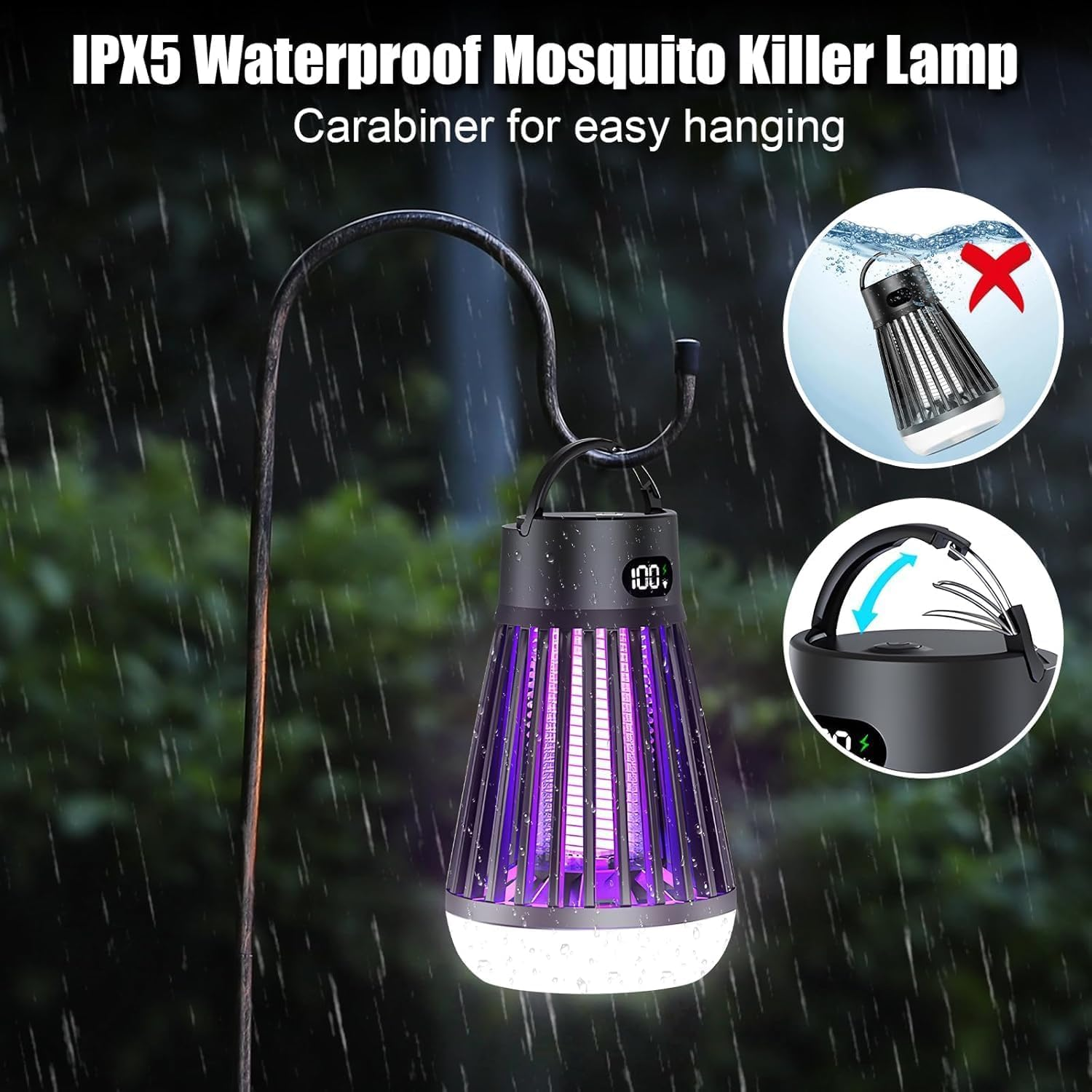 Rechargeable Mosquito Zapper &ndash; 2-In-1 Bug Zapper & LED Lantern, 2000V High Voltage Insect Trap, Silent & Safe for Indoor Outdoor Use, Camping, Garden, Patio