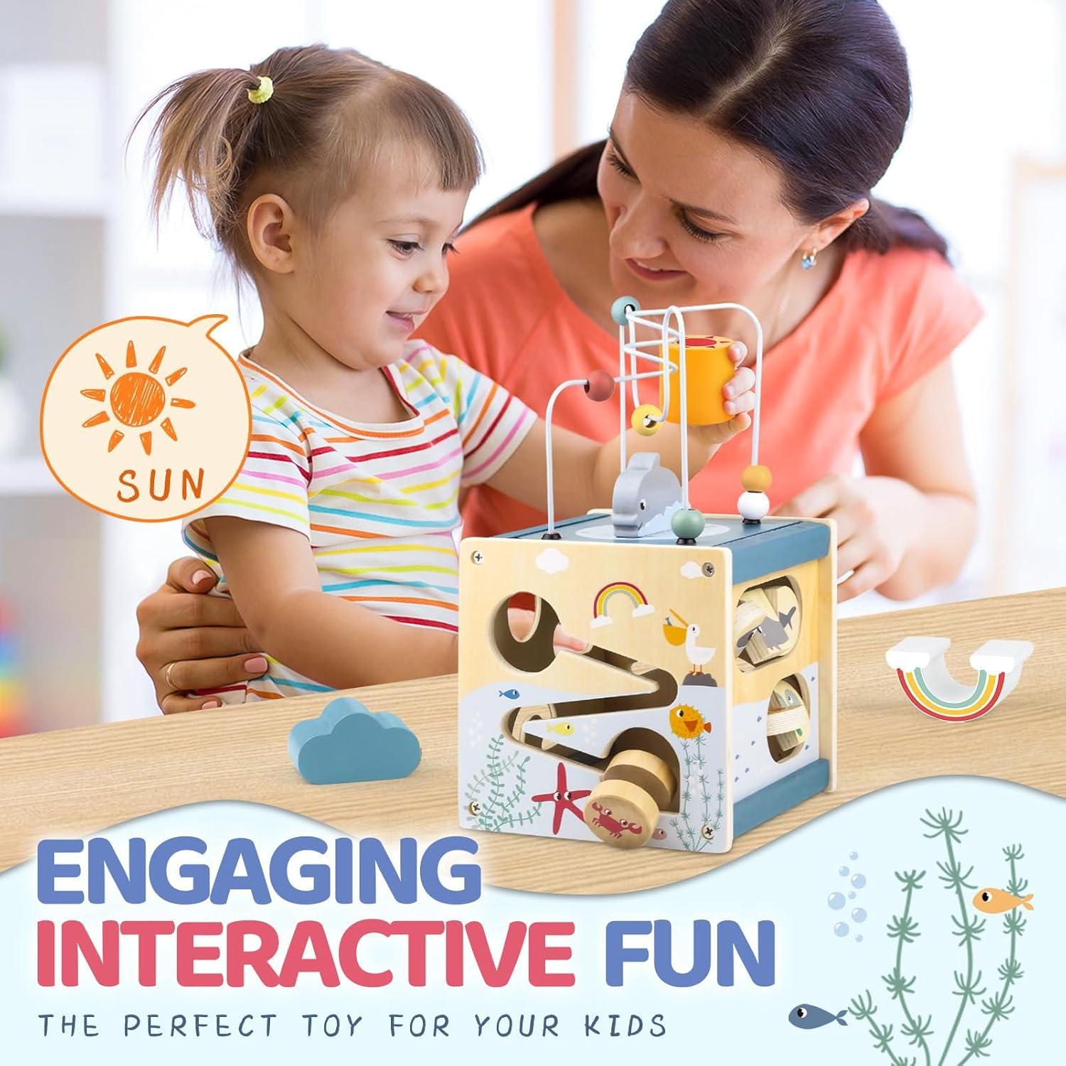 Wooden Activity Cube Montessori Toy with Ocean Elements, Educational Learning Toy for Toddlers 1 Year and Up, 12&ndash;36 Months Sensory Interactive Toy for Boys and Girls, Ideal Birthday Gift image number 1