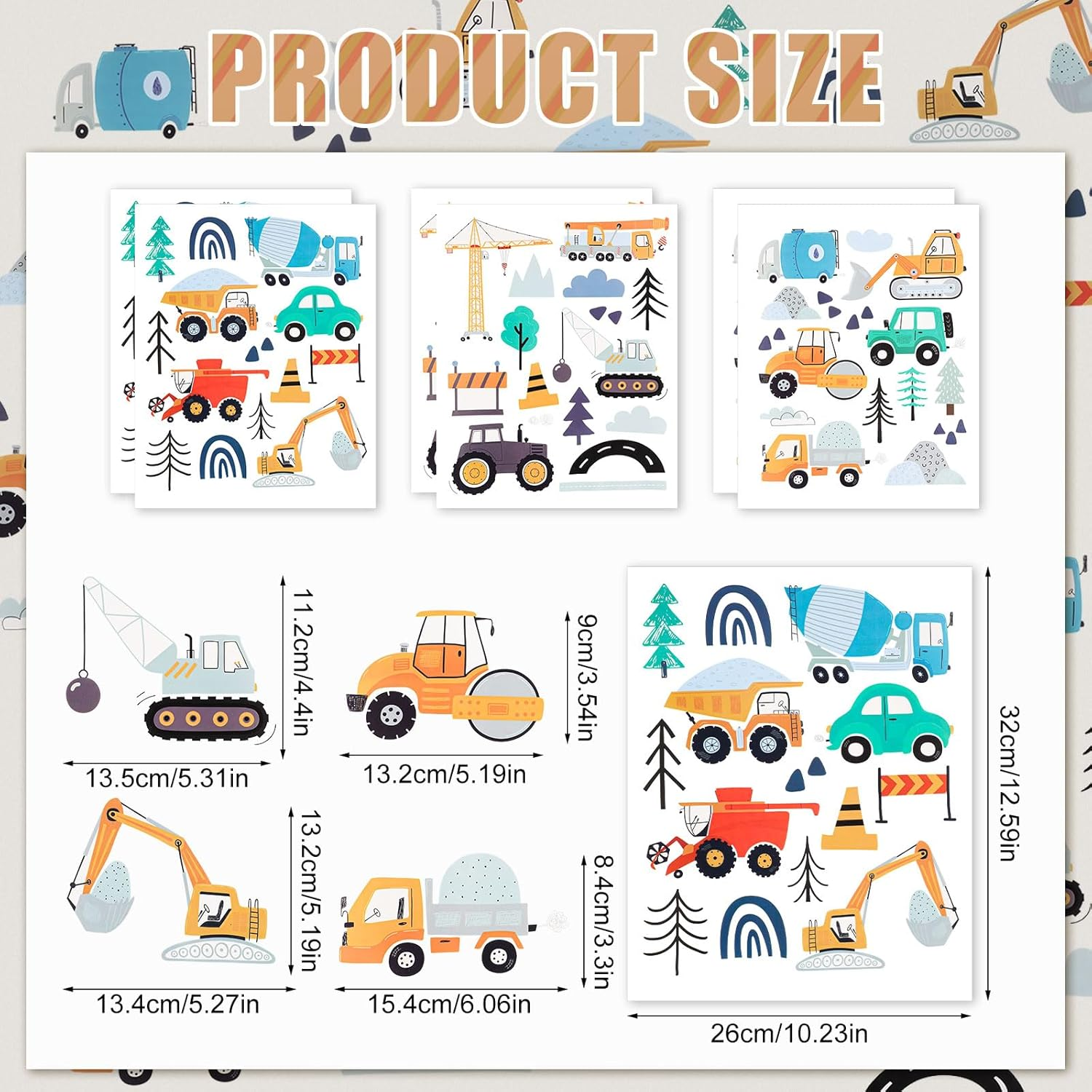 6 Pcs Construction Vehicles Wall Stickers, Transportation Wall Stickers Bohemian Wall Decorations Peel and Stick Wall Decoration for Boys Bedroom Kids Room Playroom Decoration image number 3