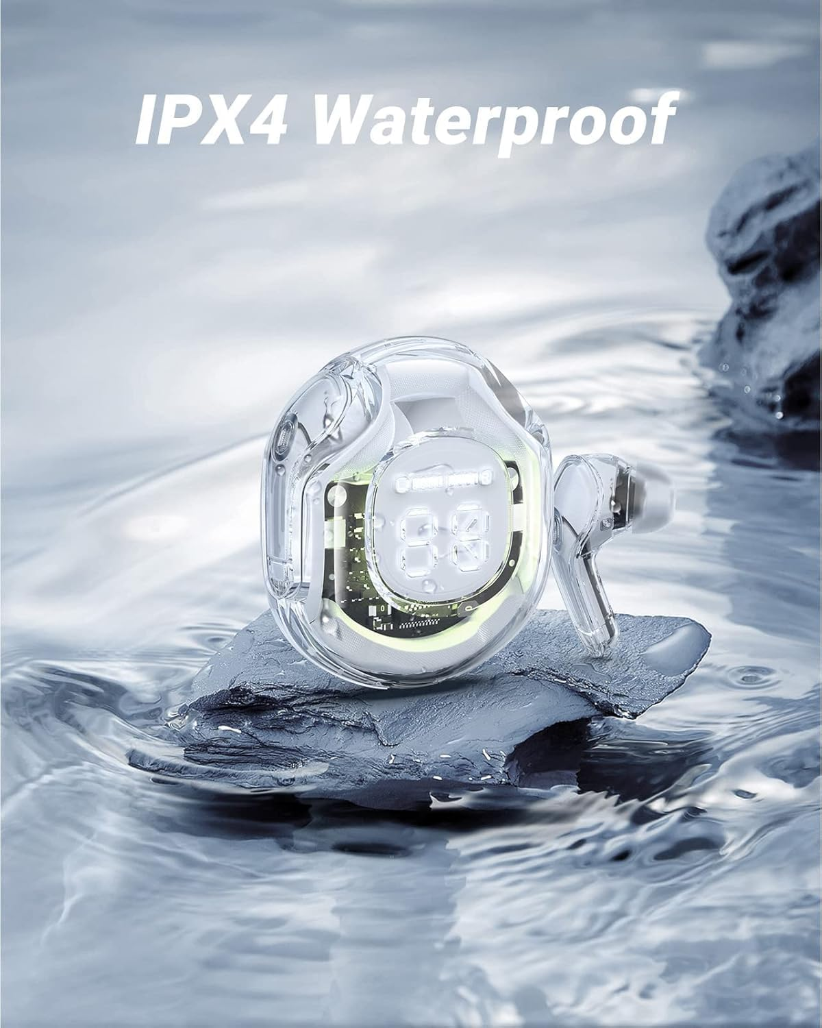 Clear Beat Wireless Headphones Bluetooth 5.3, Transparent Design, Crystal Clear Sound, IPX4 Waterproof, Protective Case with Smartphone Charging, Built-In Microphone, Running Time 2-3 Hours, USB-C