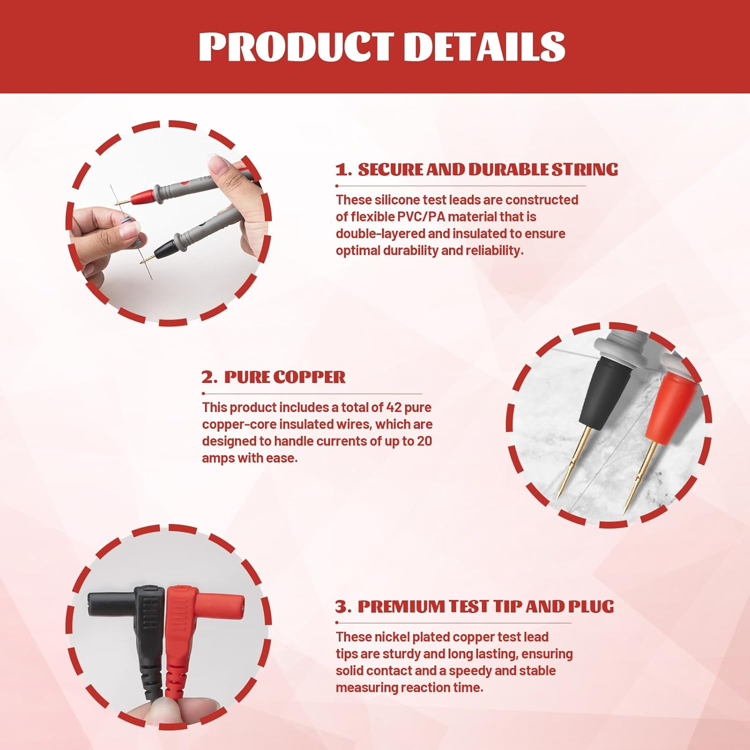 Multimeter Leads, Lead Test Kit, 2Pcs Alligator Clips, Soft Silicone Electrician Test Leads Kit CAT III 1000V, Multimeter Leads 20A with 1000V 10A Crocodile Clips and 2Pcs Needle Probe image number 1