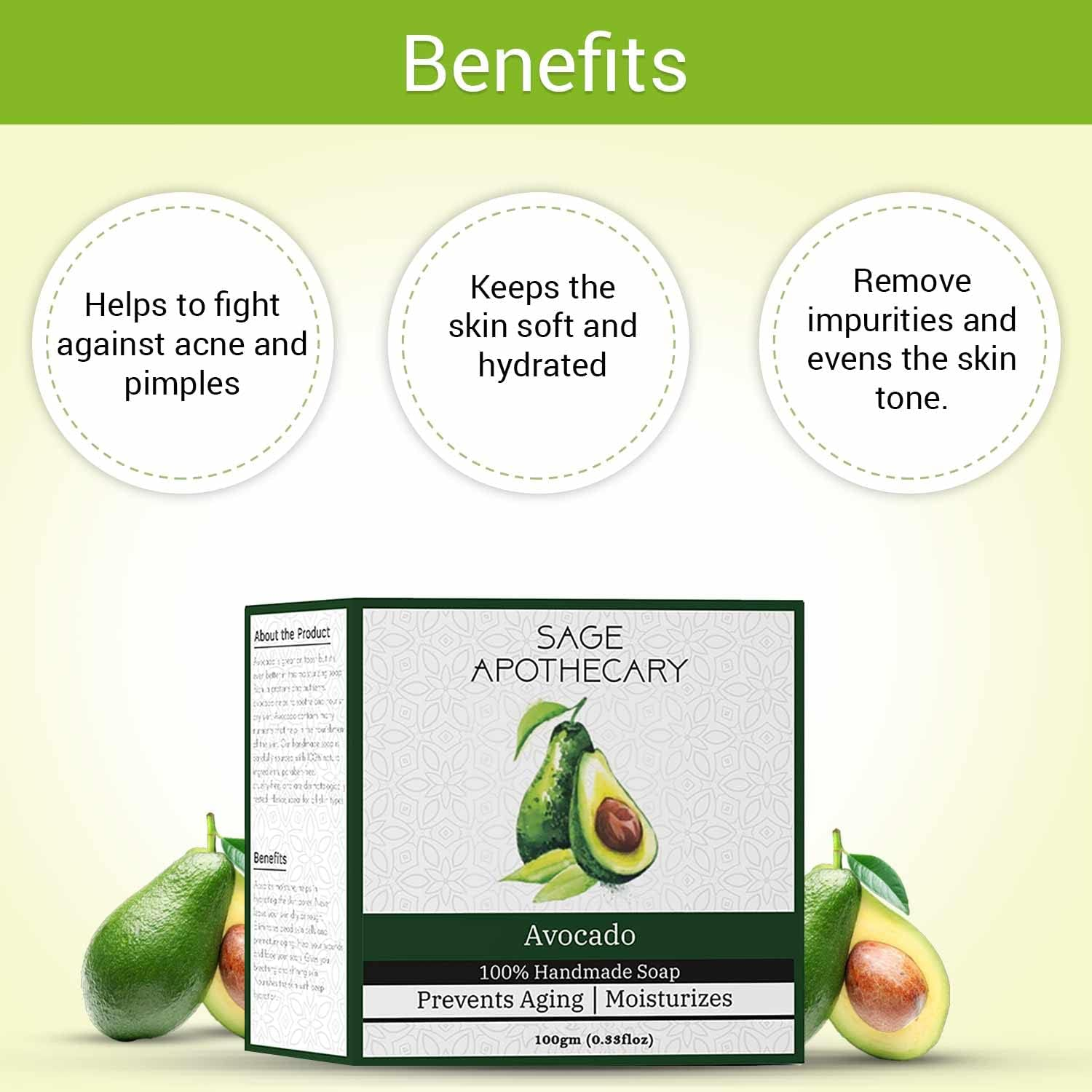 Sage Apothecary Natural Handmade Avocado Bath Soap for Skin Brightening and Its Prevent Acne Problem - Pack of 3 (3 X 100 GM)