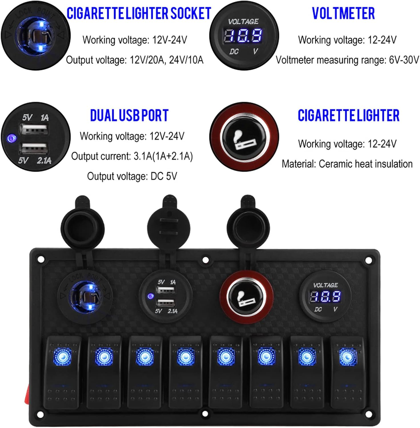8 Gang Car Rocker Switch Panel with Blue LED Light Indicator, USB, Voltmeter for Boat, Ship, Car, 12V-24V Vehicles image number 6