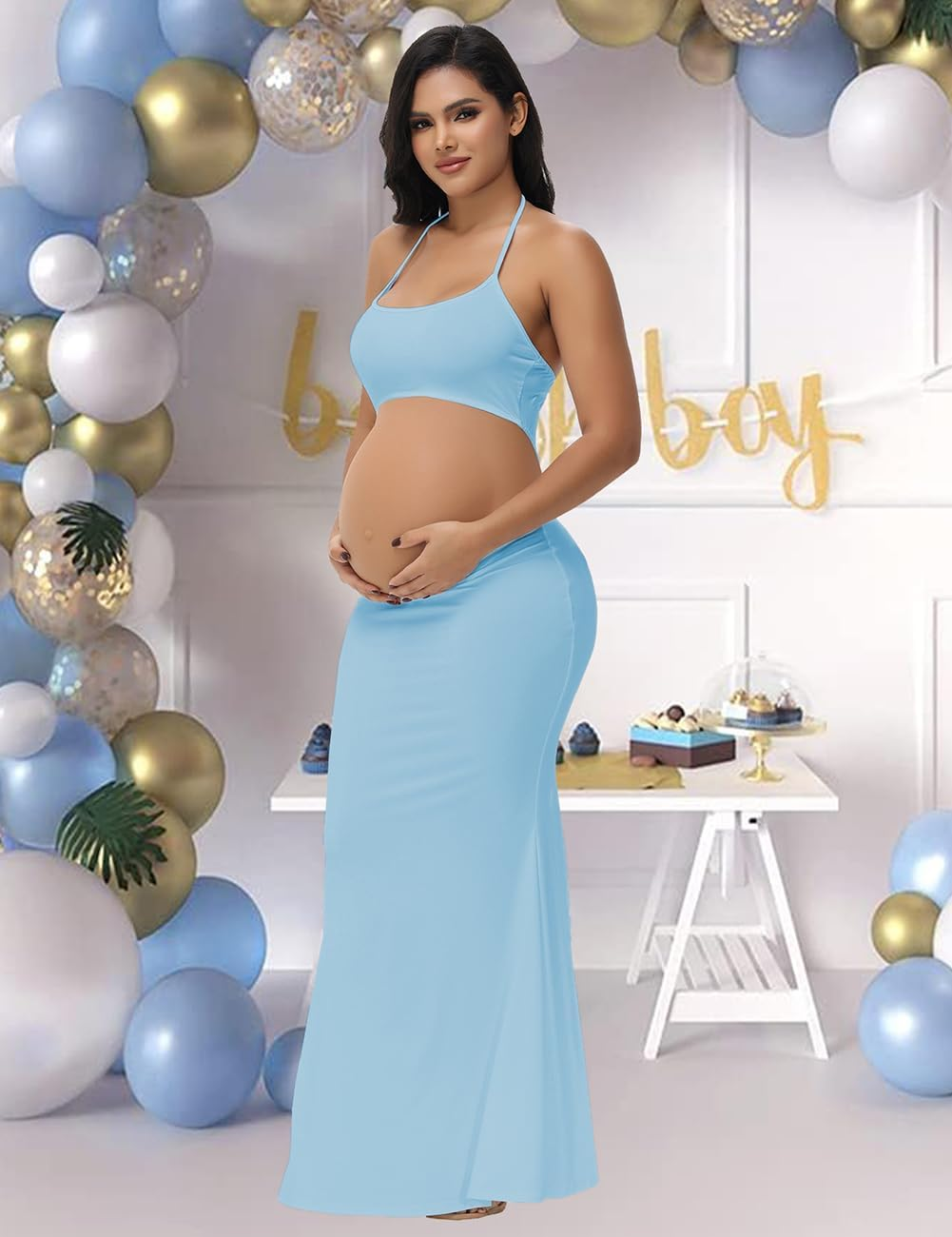 Justvh Women'S Maternity Cut Out Backless Bodycon Dress Halter Maxi Photography Pregnancy Dress for Photoshoot Baby Shower image number 5