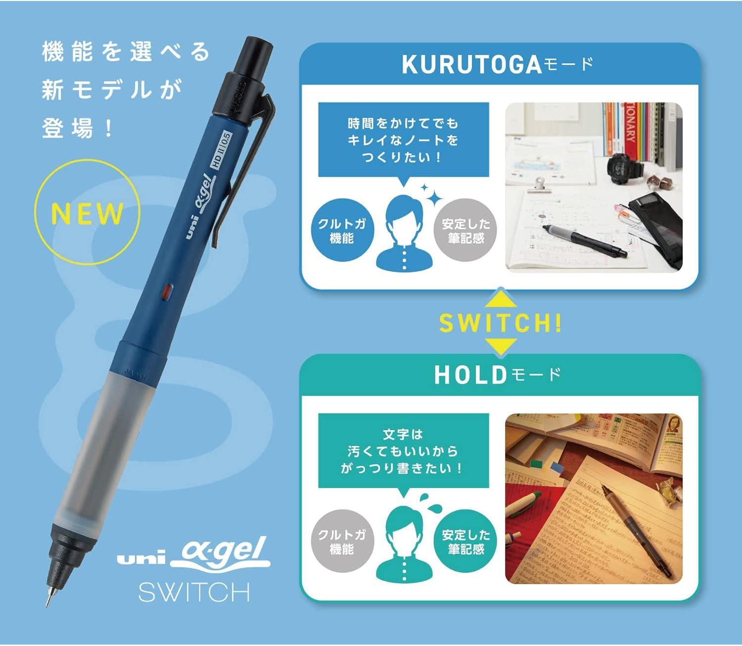 Uni Alpha-Gel Switch Mechanical Pencil, 0.5 Mm, Black Body (M51009GG1P.24) - Navy image number 4