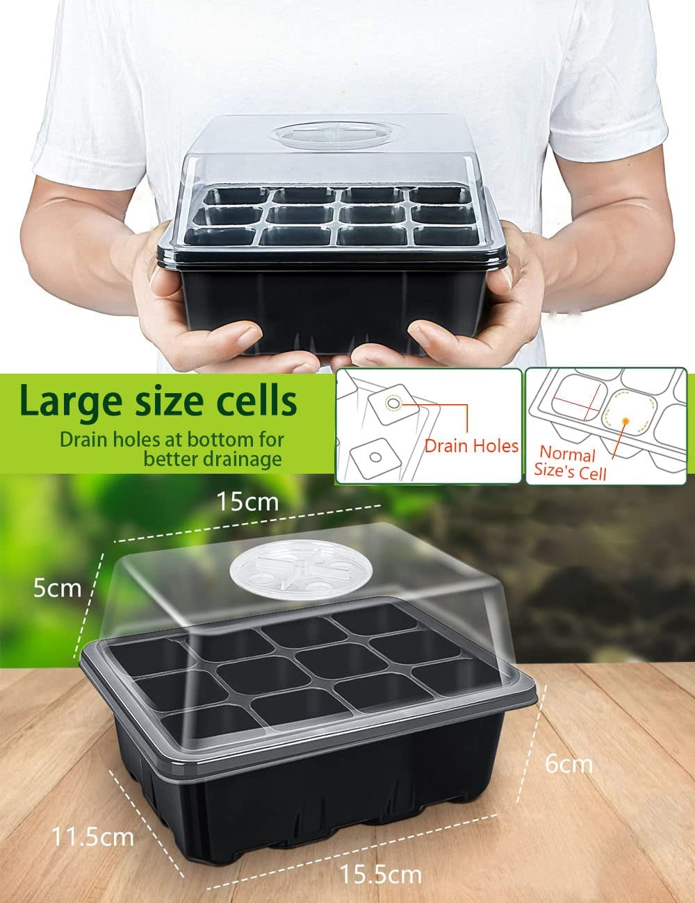 120 Cells Seedling Starter Tray Kit, 10 Pack Seed Starting with Humidity Dome and Base Vented Trays for Greenhouse Gardens, Adjustable Plant Starter Kit, Mini Propagator for Germination (Black)